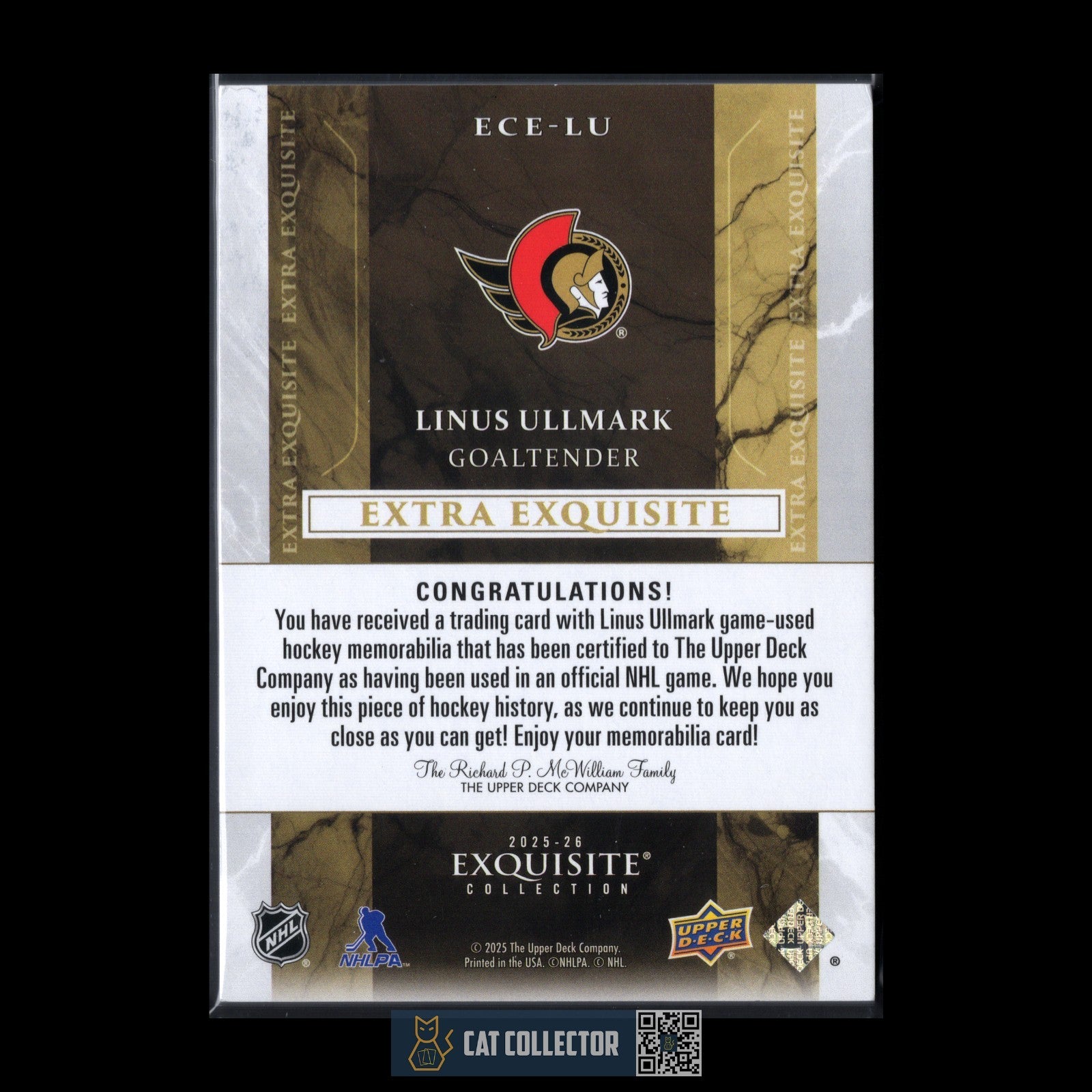 2025-26 UD Exquisite Collection LINUS ULLMARK #ECE-LU Extra Exquisite /99 Jersey