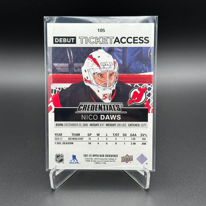 2021-22 UD Credentials NICO DAWS #105 Debut Ticket Access RC 553/999 - NJ Devils