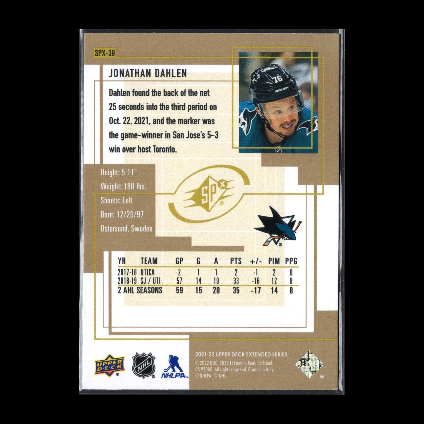 2021-22 UD Extended series JONOATHAN DAHLEN #SPX-39 SPx Retro Rookie