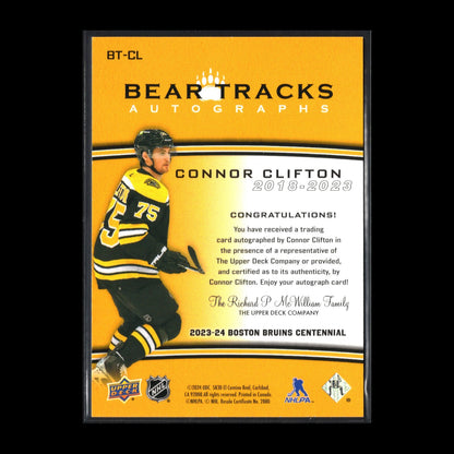 2023-24 UD Boston Bruins Centennial CONNOR CLIFTON #BT-CL Bear Tracks Autograph