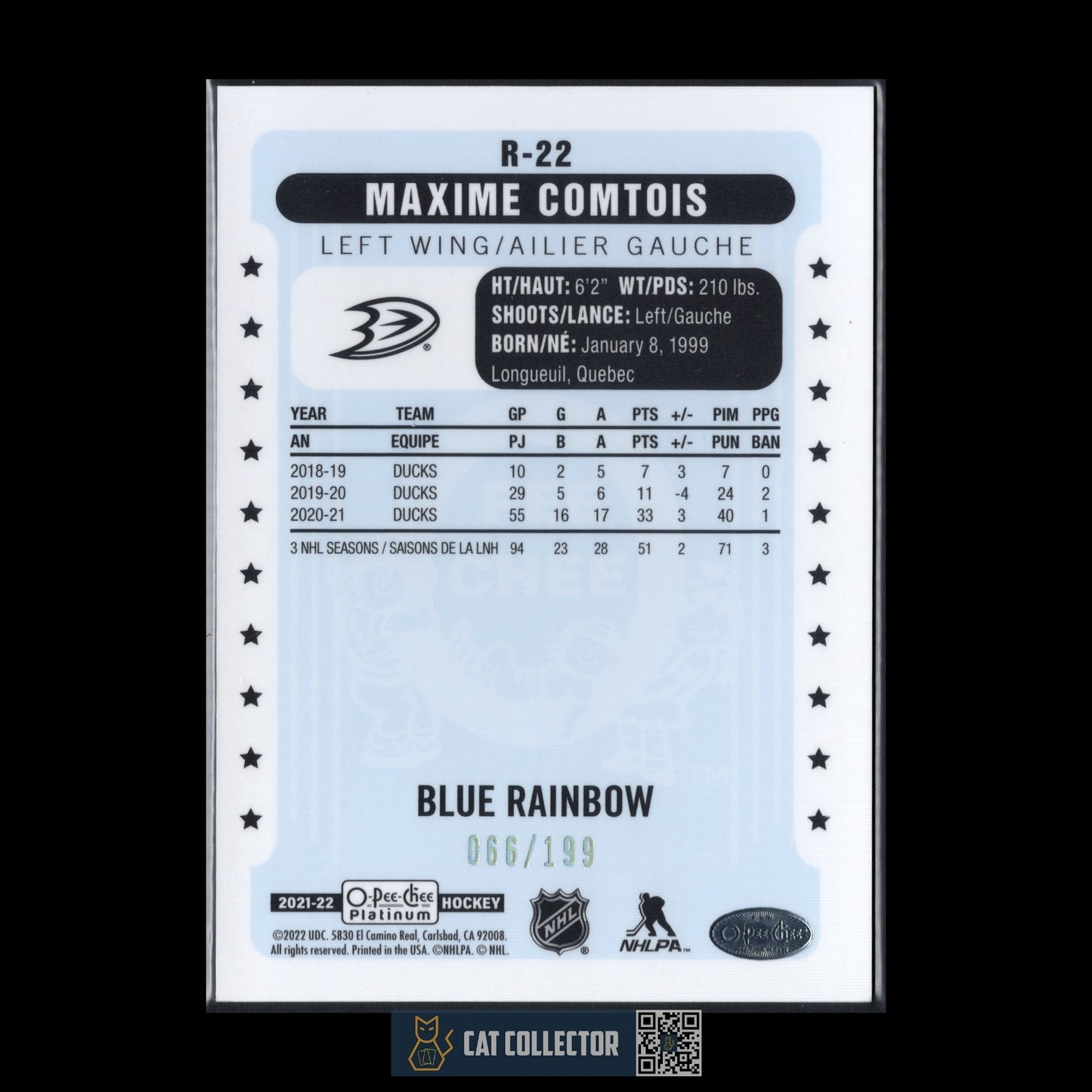 2021-22 O-Pee-Chee Platinum MAXIME COMTOIS #R-22 Retro Blue Rainbow /199
