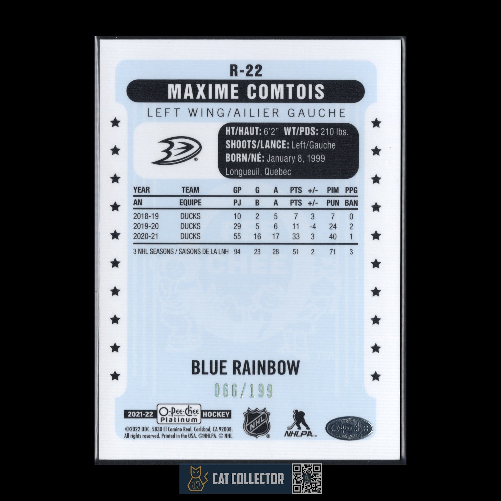 2021-22 O-Pee-Chee Platinum MAXIME COMTOIS #R-22 Retro Blue Rainbow /199