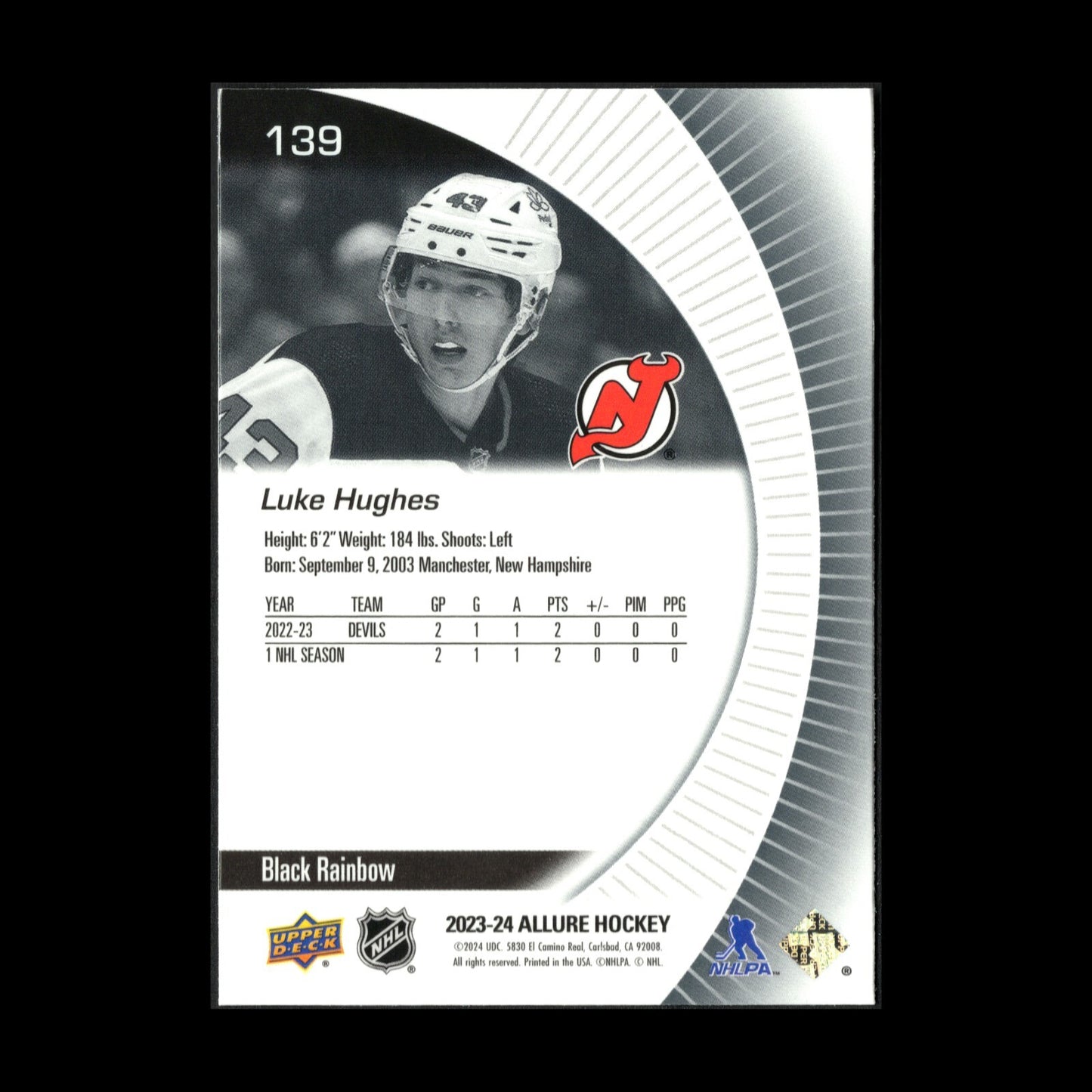 2023-24 UD Allure LUKE HUGHES #139 Black Rainbow RC - New Jersey Devils