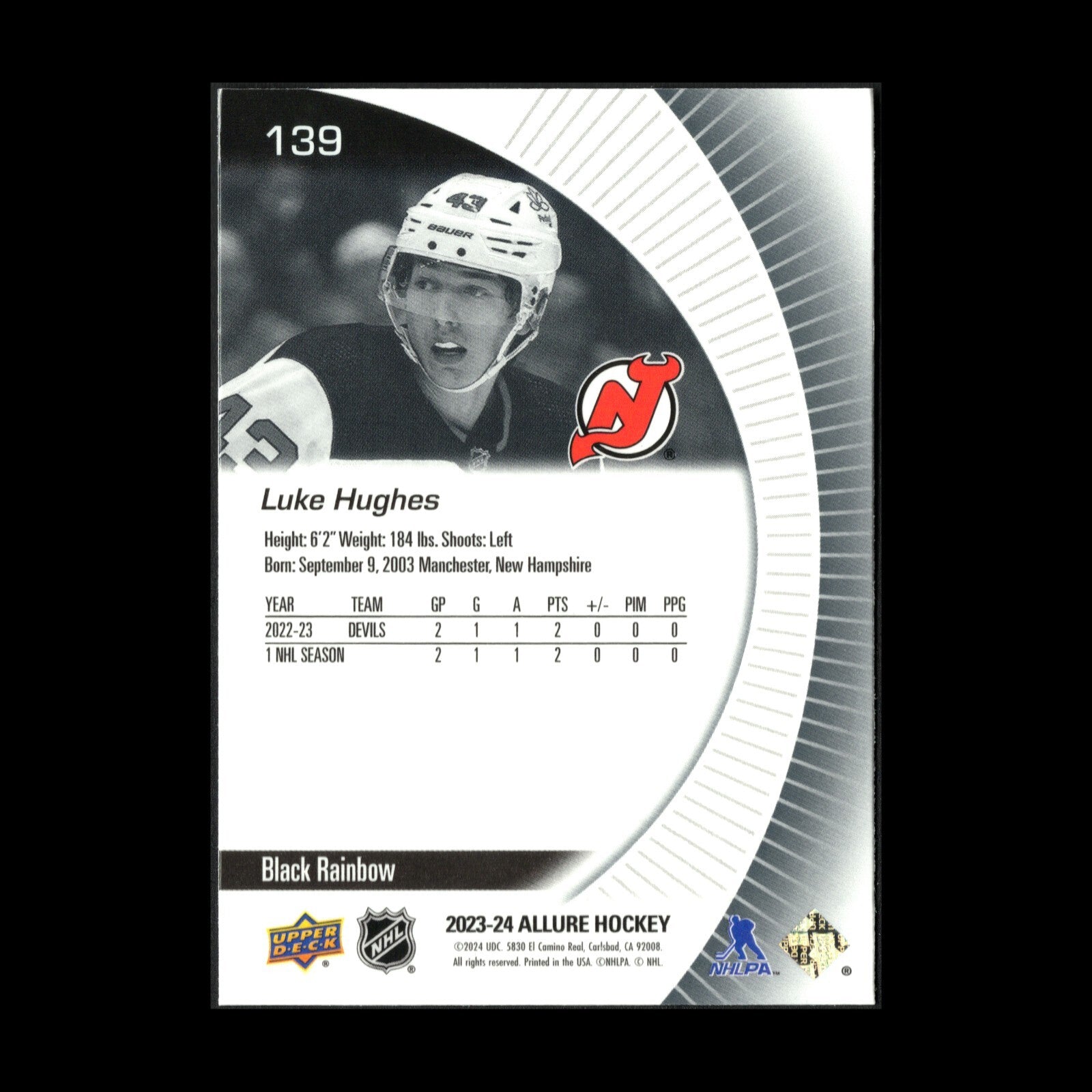 2023-24 UD Allure LUKE HUGHES #139 Black Rainbow RC - New Jersey Devils