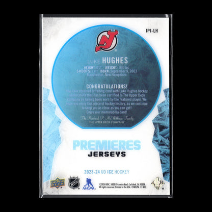 2023-24 UD Ice LUKE HUGHES #IPJ-LH Ice Premieres Jersey RC - New Jersey Devils