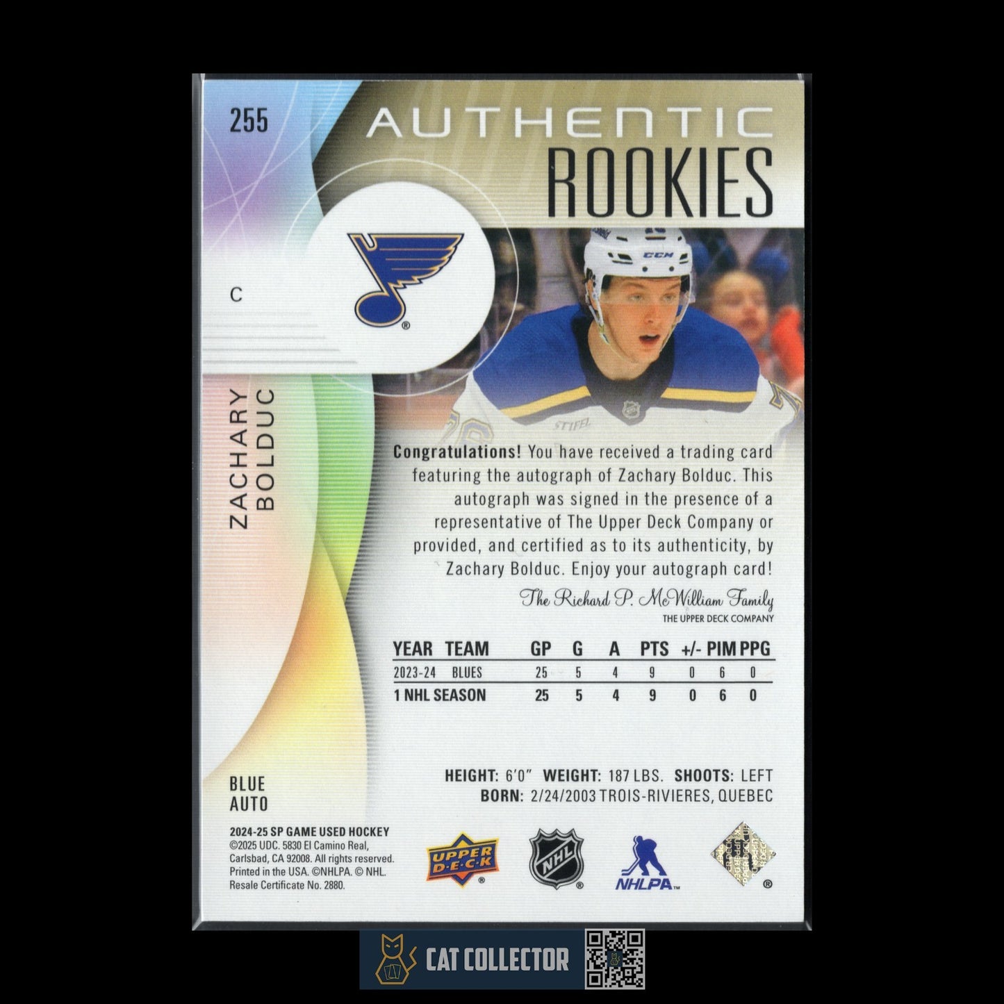 2024-25 UD SP Game Used ZACHARY BOLDUC #255 Blue AUTO Rookie RC
