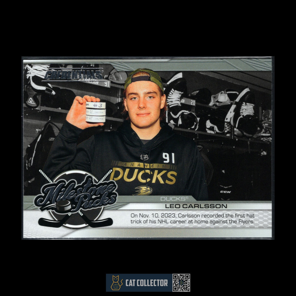 Milestone Puck 2024-25 UD Credentials LEO CARLSSON #MP-LC Milestone Pucks – Cat Collector