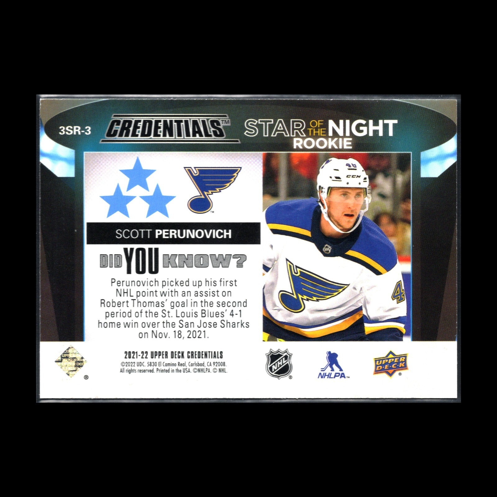 2021-22 UD Credentials SCOTT PERUNOVICH #3SR-3 Third Star of the Night RC