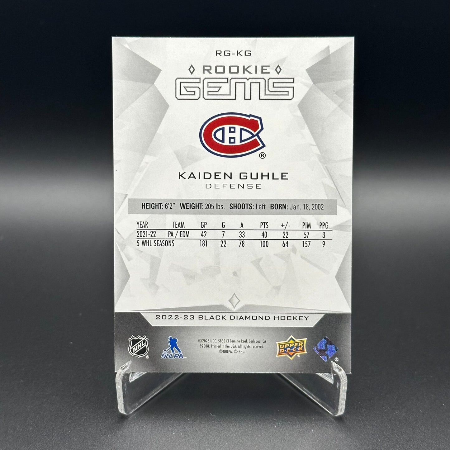 2022-23 UD Black Diamond KAIDEN GUHLE #RG-KG Rookie Gems RC /399