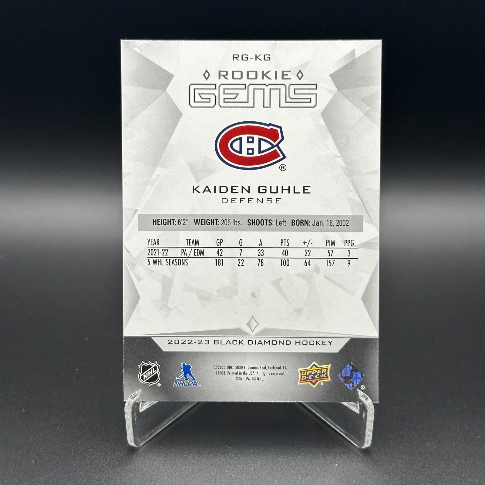 2022-23 UD Black Diamond KAIDEN GUHLE #RG-KG Rookie Gems RC /399