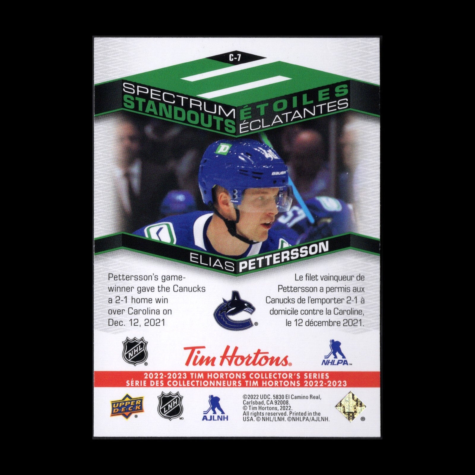 2022-23 UD Tim Hortons ELIAS PETTERSSON #C-7 Spectrum Standouts