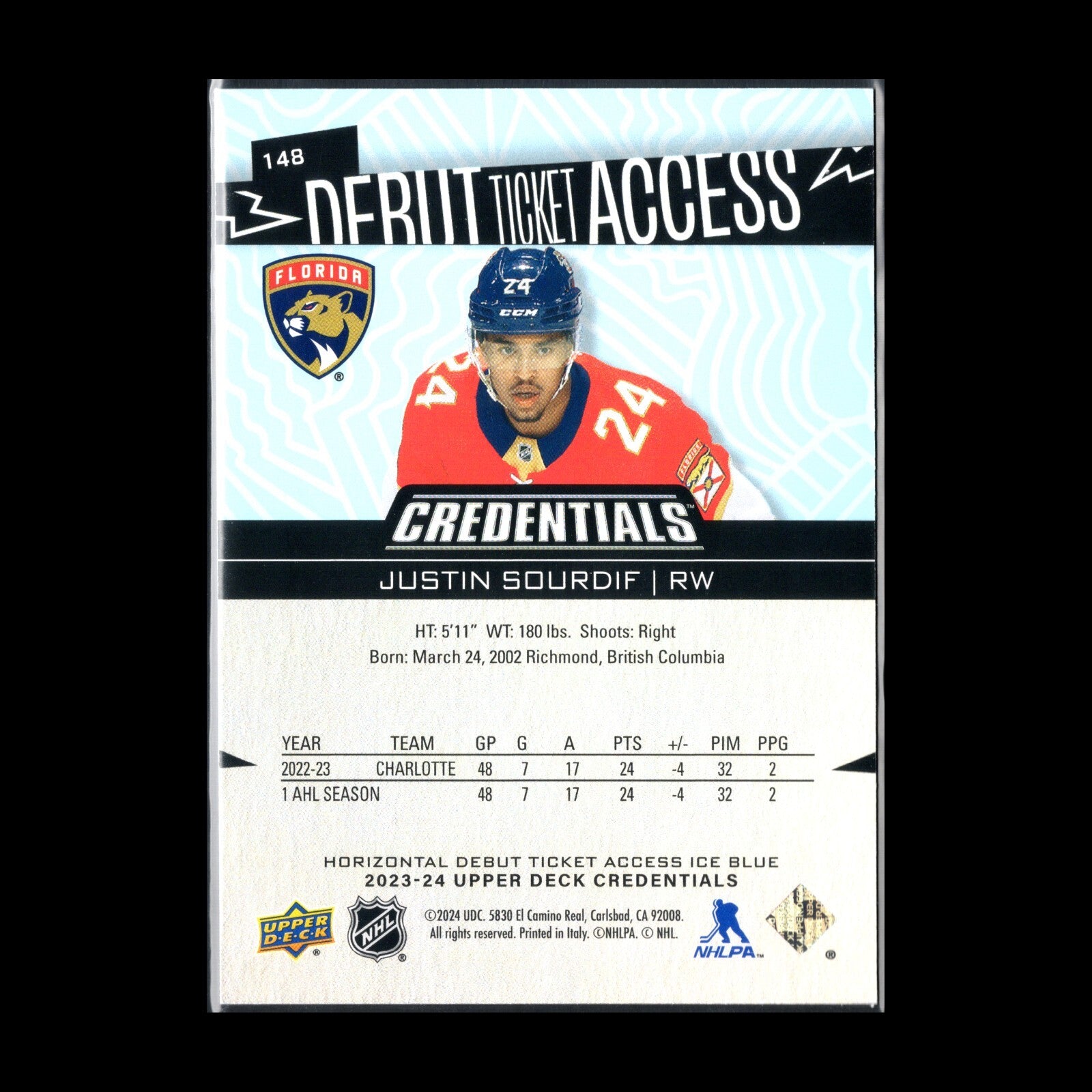 2023-24 UD Credentials JUSTIN SOURDIF #148 Debut Ticket Access Ice Blue 130/799