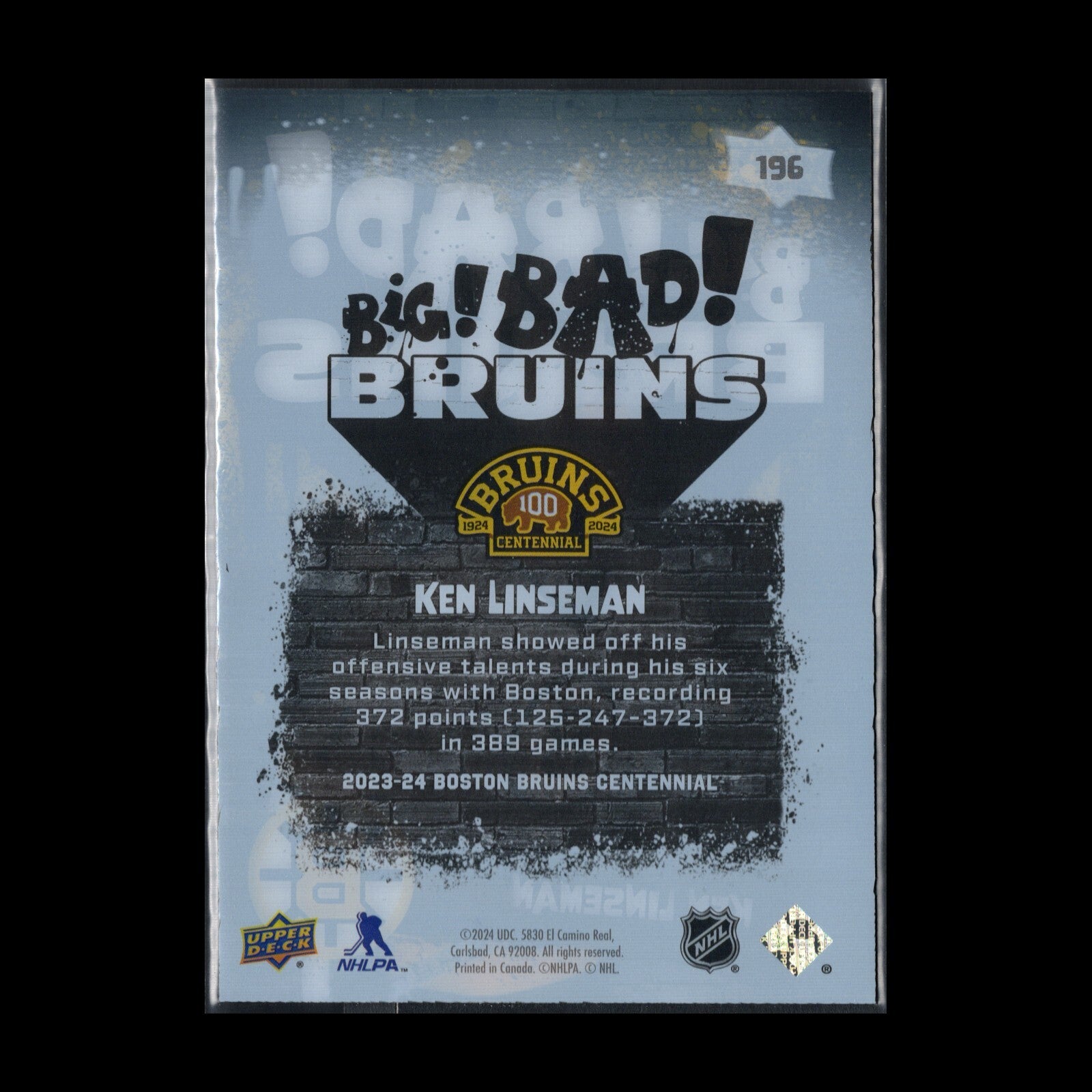 2023-24 UD Boston Bruins Centennial KEN LINSEMAN #196 Big Bad Bruins Acetate
