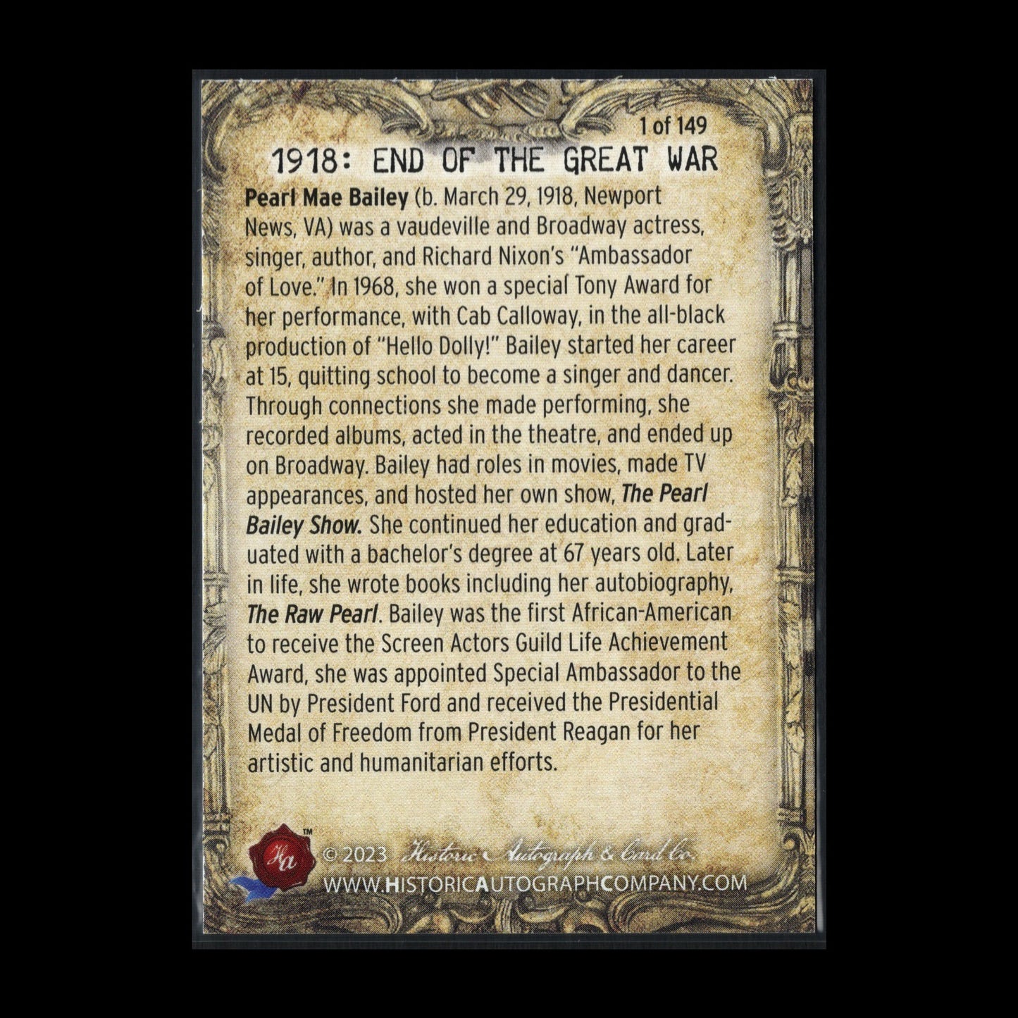 2023 Historic Autograph 1918: End of the Great War PEARL BAILEY #65 Alloy