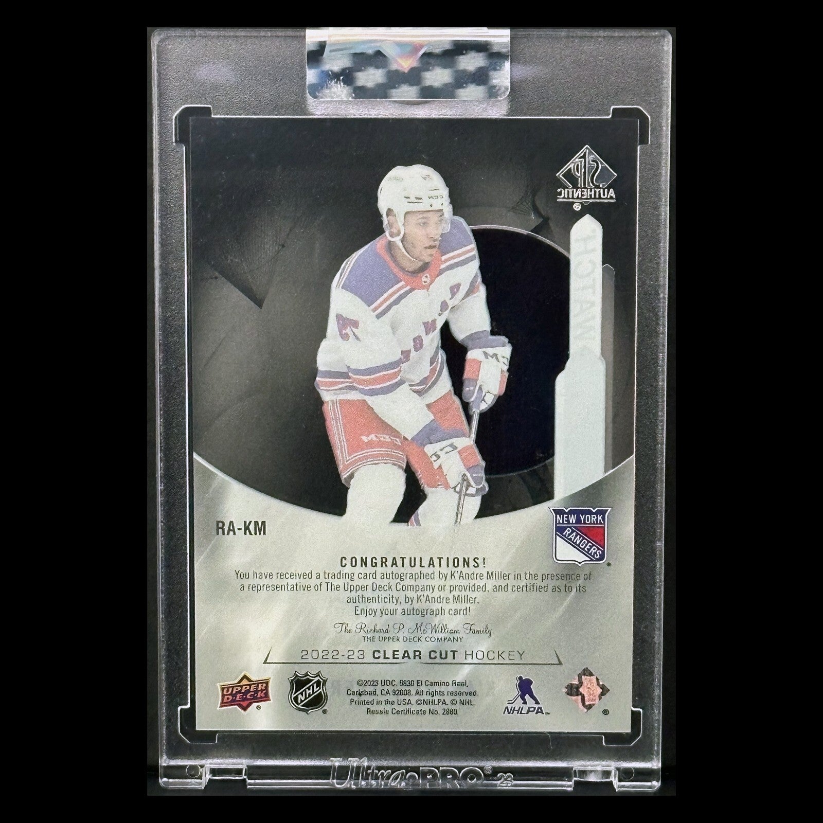2022-23 UD Clear cut K'ANDRE MILLER #RA-KM Future Watch AUTOGRAPH - NY Rangers