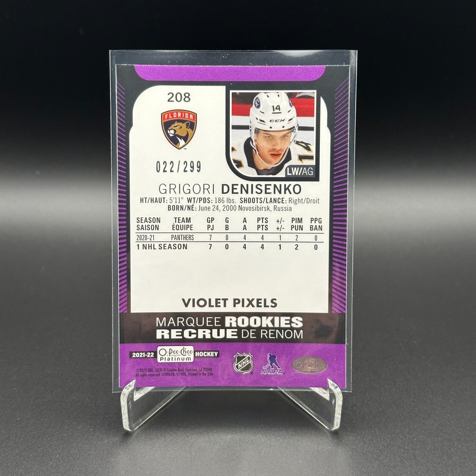 2021-22 OPC Platinum GRIGORI DENISENKO #208 Marquee Rookies Violet Pixels /299