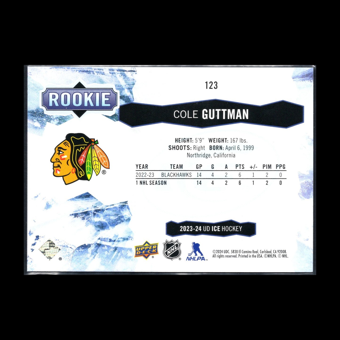 2023-24 UD Ice COLE GUTTMAN #123 Purple Rookie RC - Chicago Blackhawks