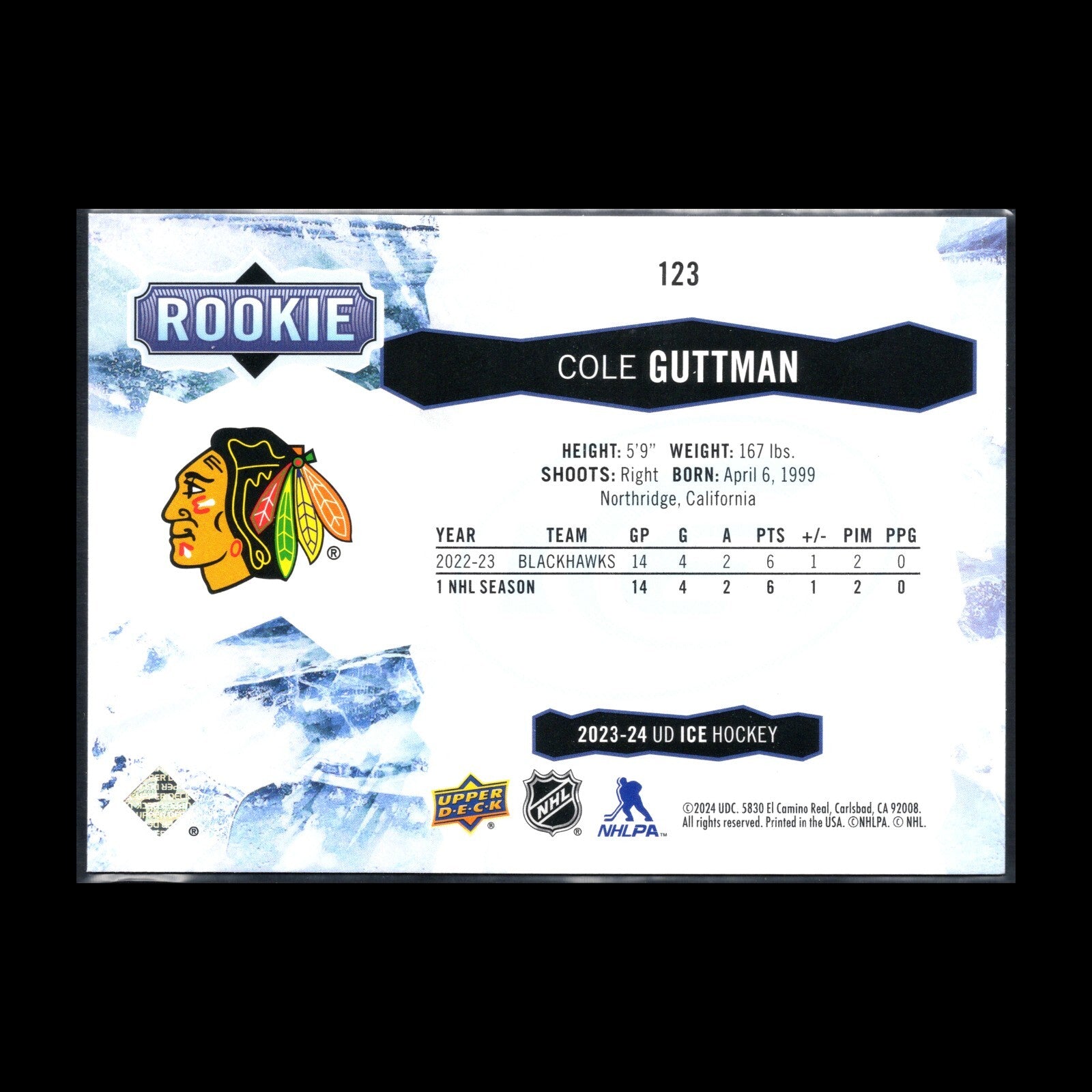 2023-24 UD Ice COLE GUTTMAN #123 Purple Rookie RC - Chicago Blackhawks