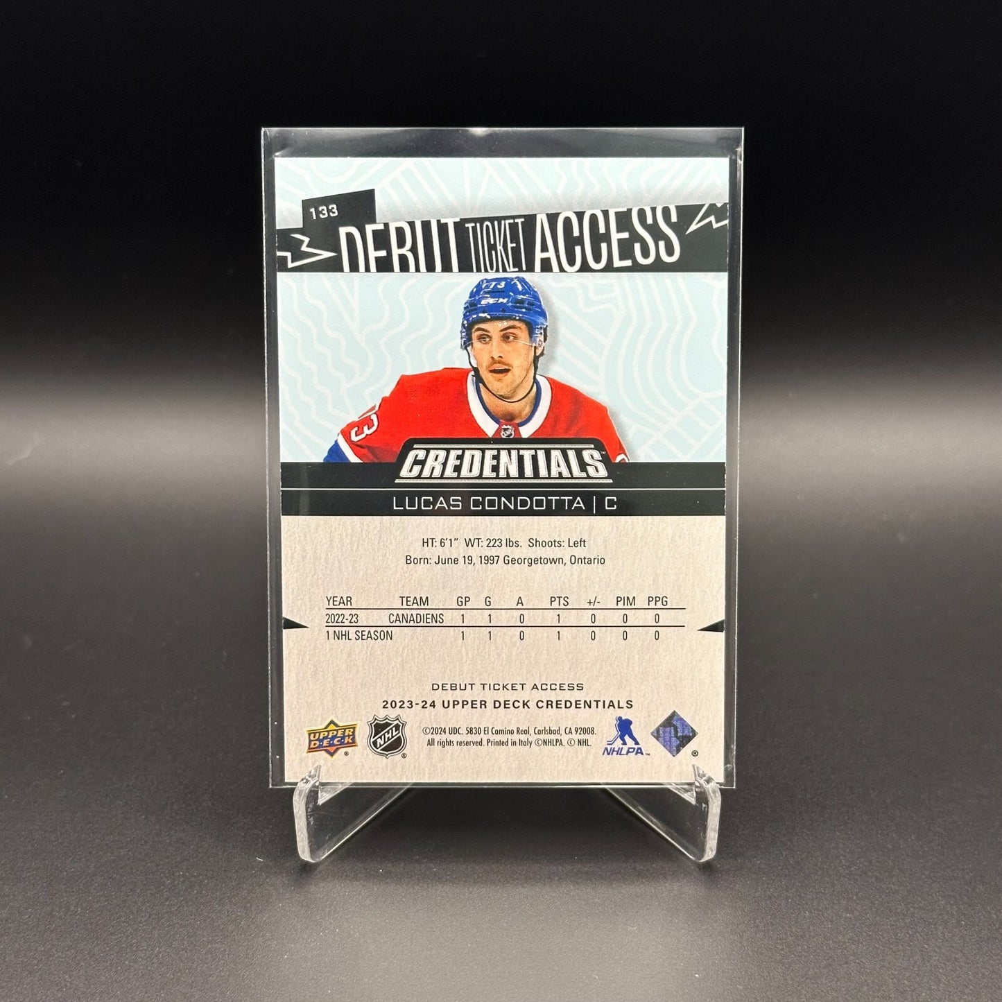 2023-24 UD Credentials LUCAS CONDOTTA #133 Debut Ticket Access Rookie RC /999