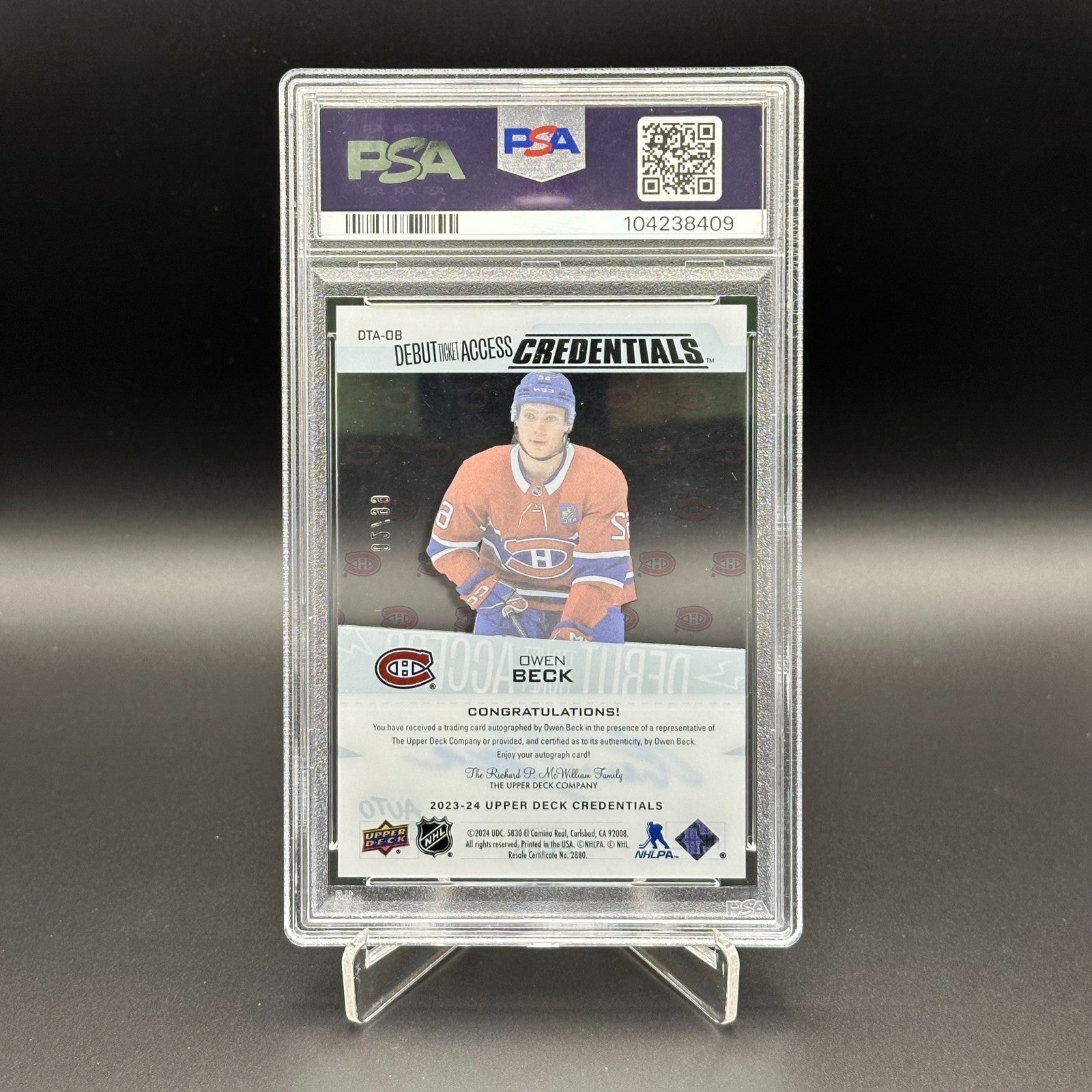 2023-24 UD Credentials OWEN BECK #DTA-OB Debut Ticket Access AUTO /99 Rookie RC