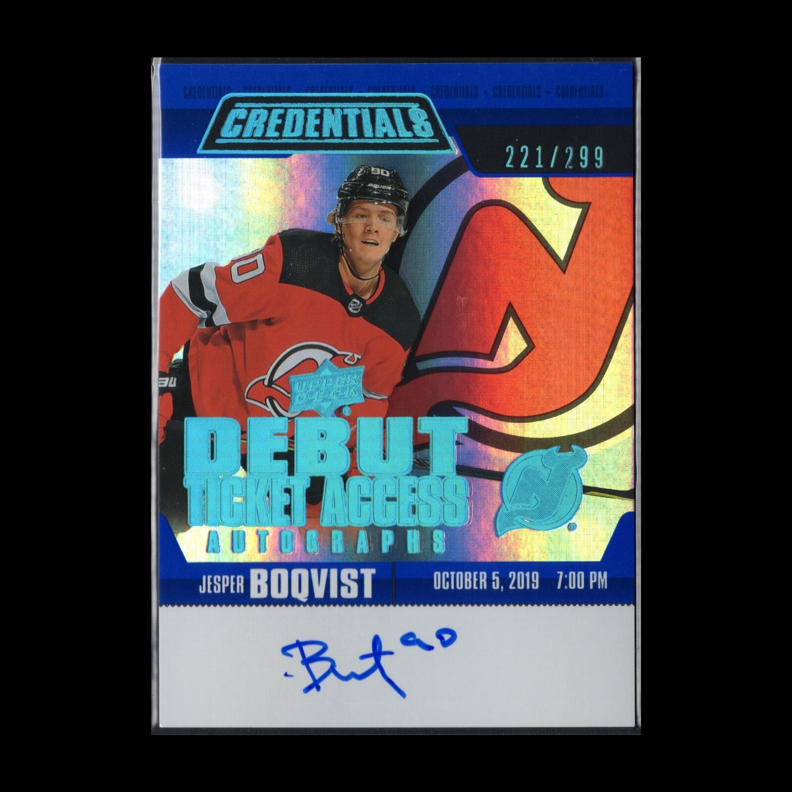 2019-20 UD Credentials JESPER BOQVIST #RTAA-BO Debut Ticket Access AUTO /299