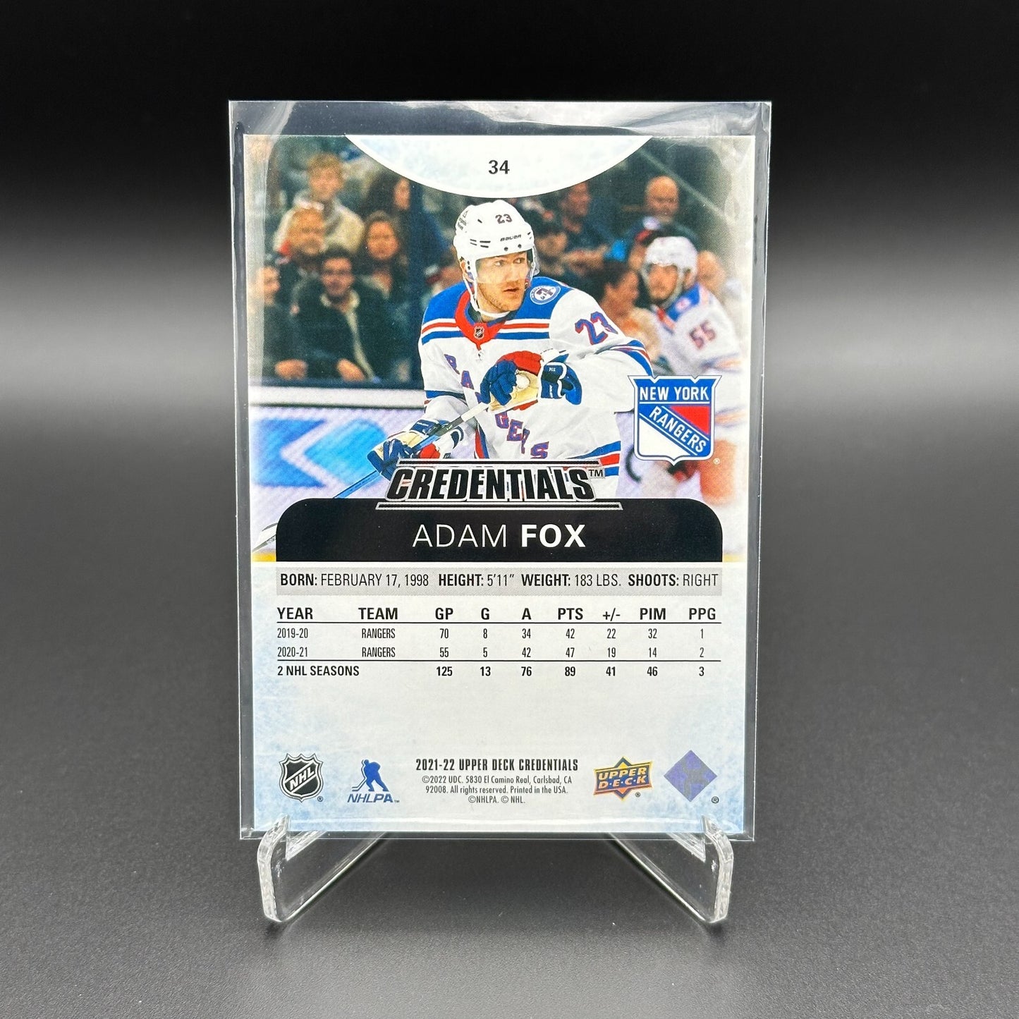 2021-22 UD Credentials ADAM FOX #34 Purple parallel 4/10 - New York Rangers