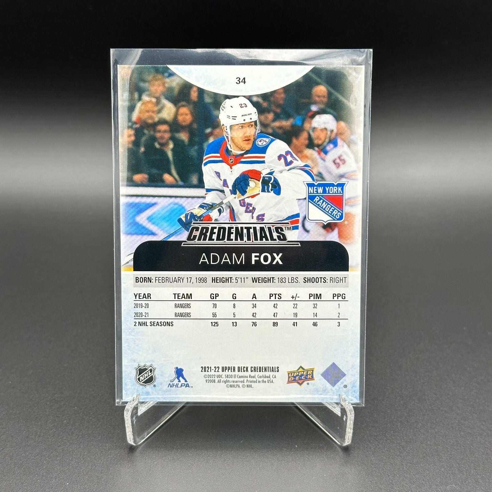 2021-22 UD Credentials ADAM FOX #34 Purple parallel 4/10 - New York Rangers