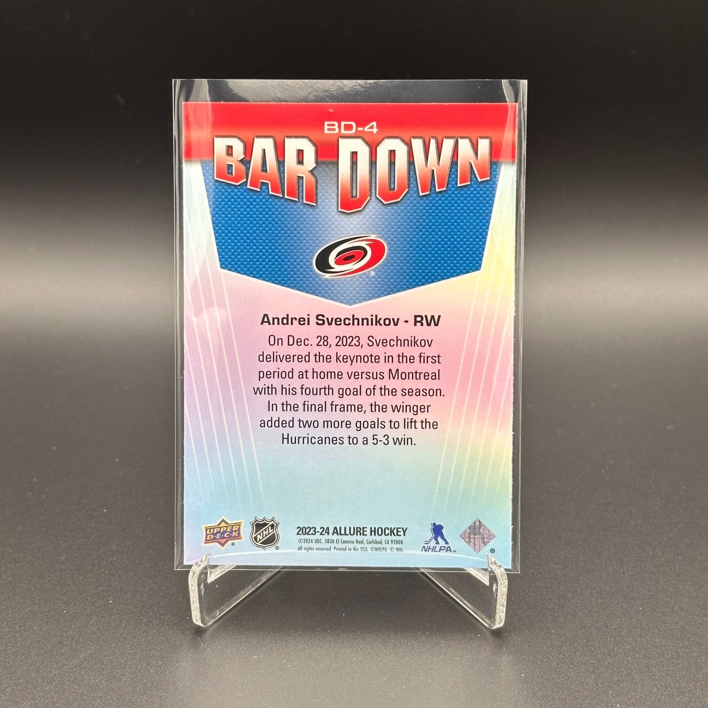 2023-24 UD Allure ANDREI SVECHNIKOV #BD-4 Bar Down - Carolina Hurricanes