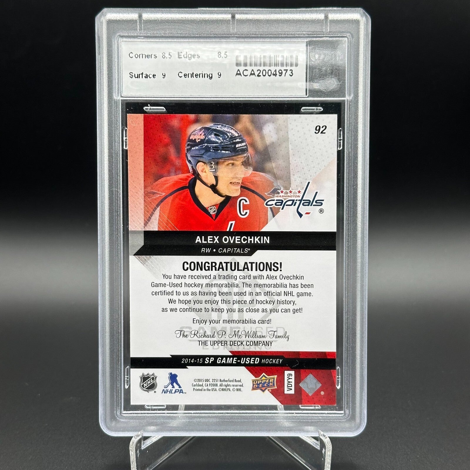 2014-15 UD SP Game Used ALEX OVECHKIN #92 Jersey Grade 8.5
