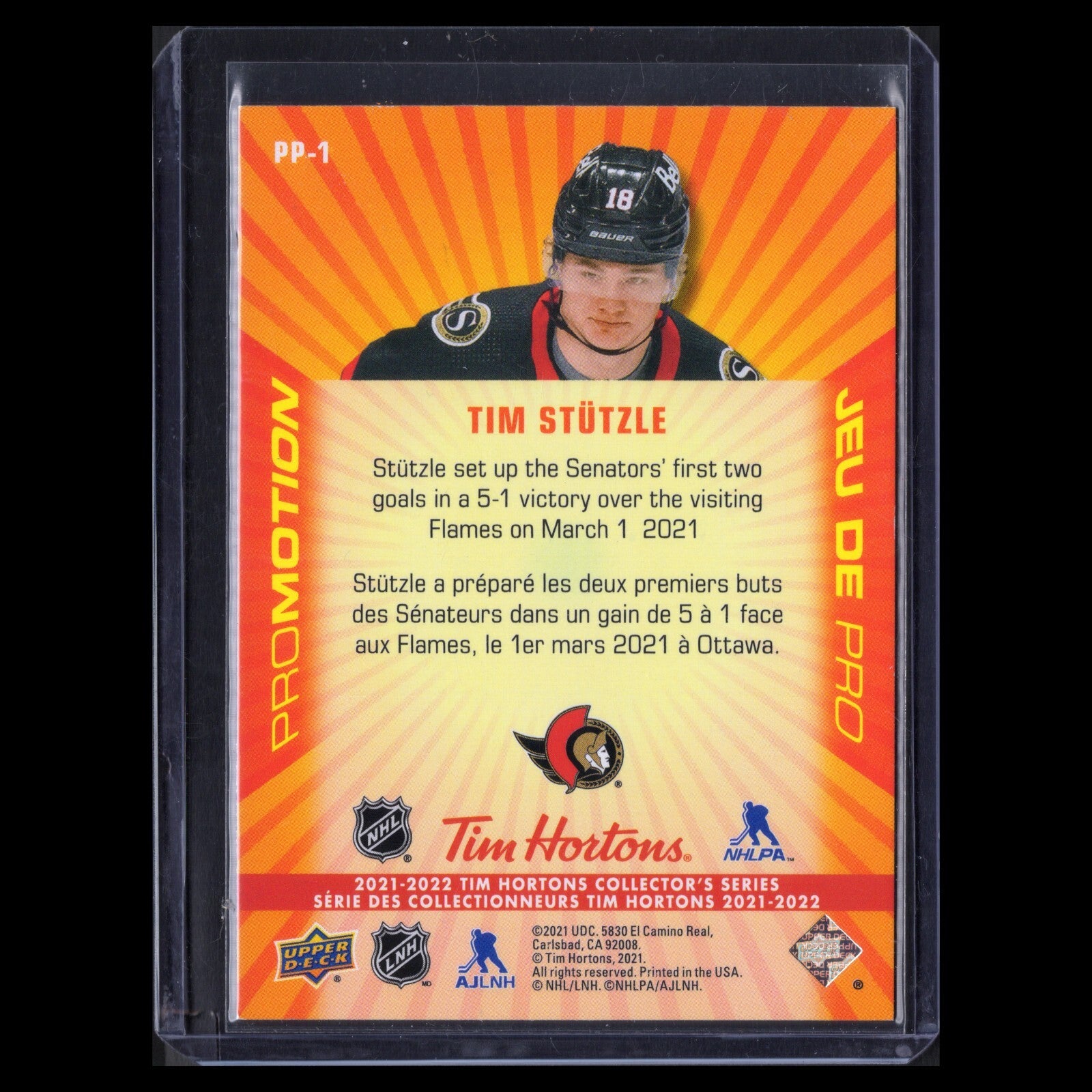 2021-22 UD Tim Hortons TIM STUTZLE #PP-1 Promotion - Ottawa Senators