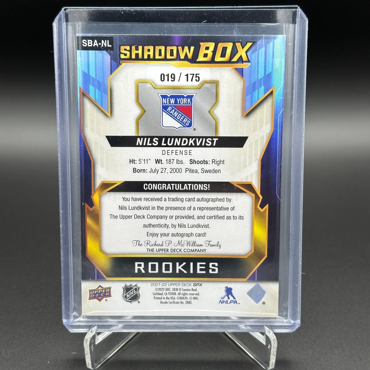 2021-22 UD SPx NILS LUNDKVIST #SBA-NL Shadow Box Rookies 19/175 Auto NY Rangers