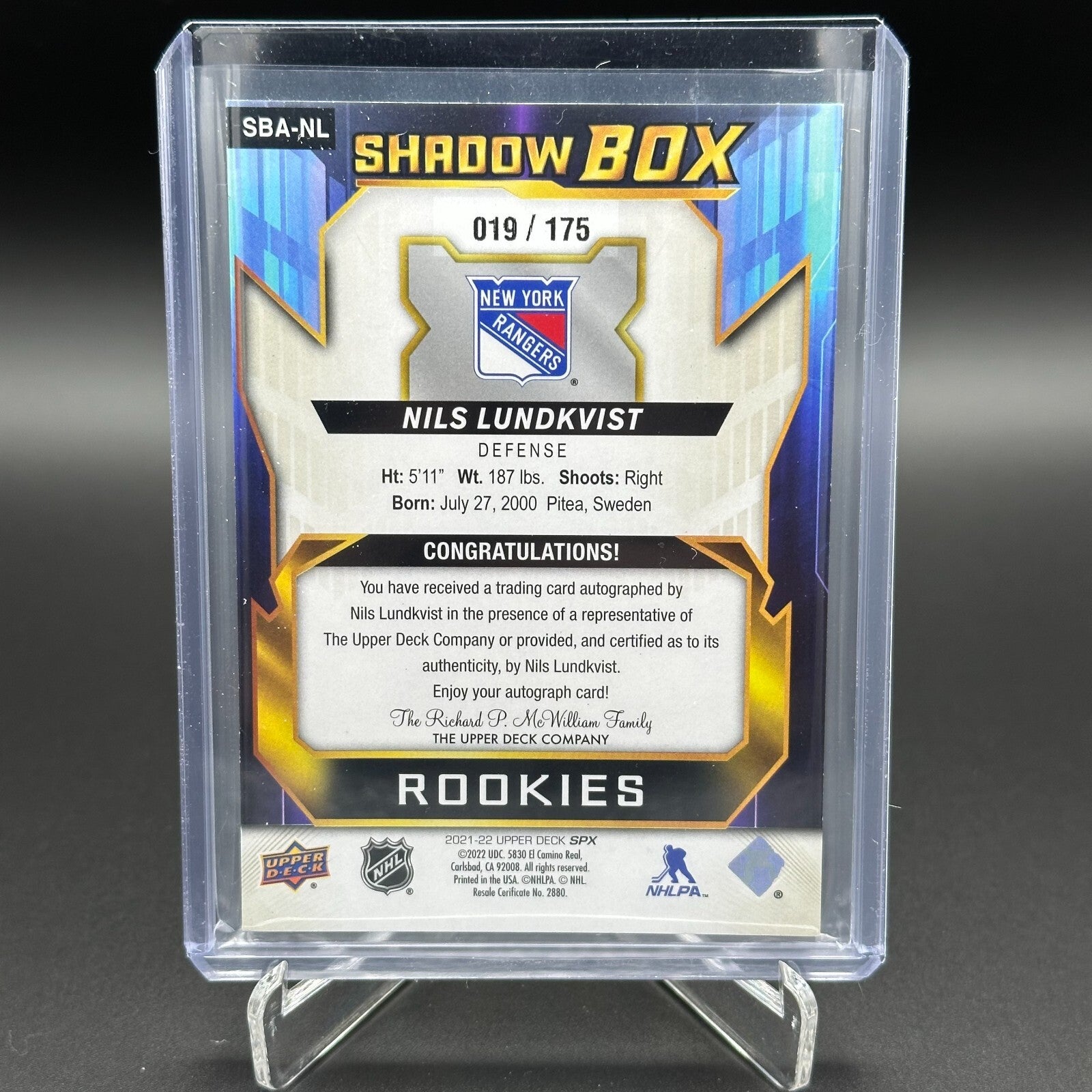 2021-22 UD SPx NILS LUNDKVIST #SBA-NL Shadow Box Rookies 19/175 Auto NY Rangers