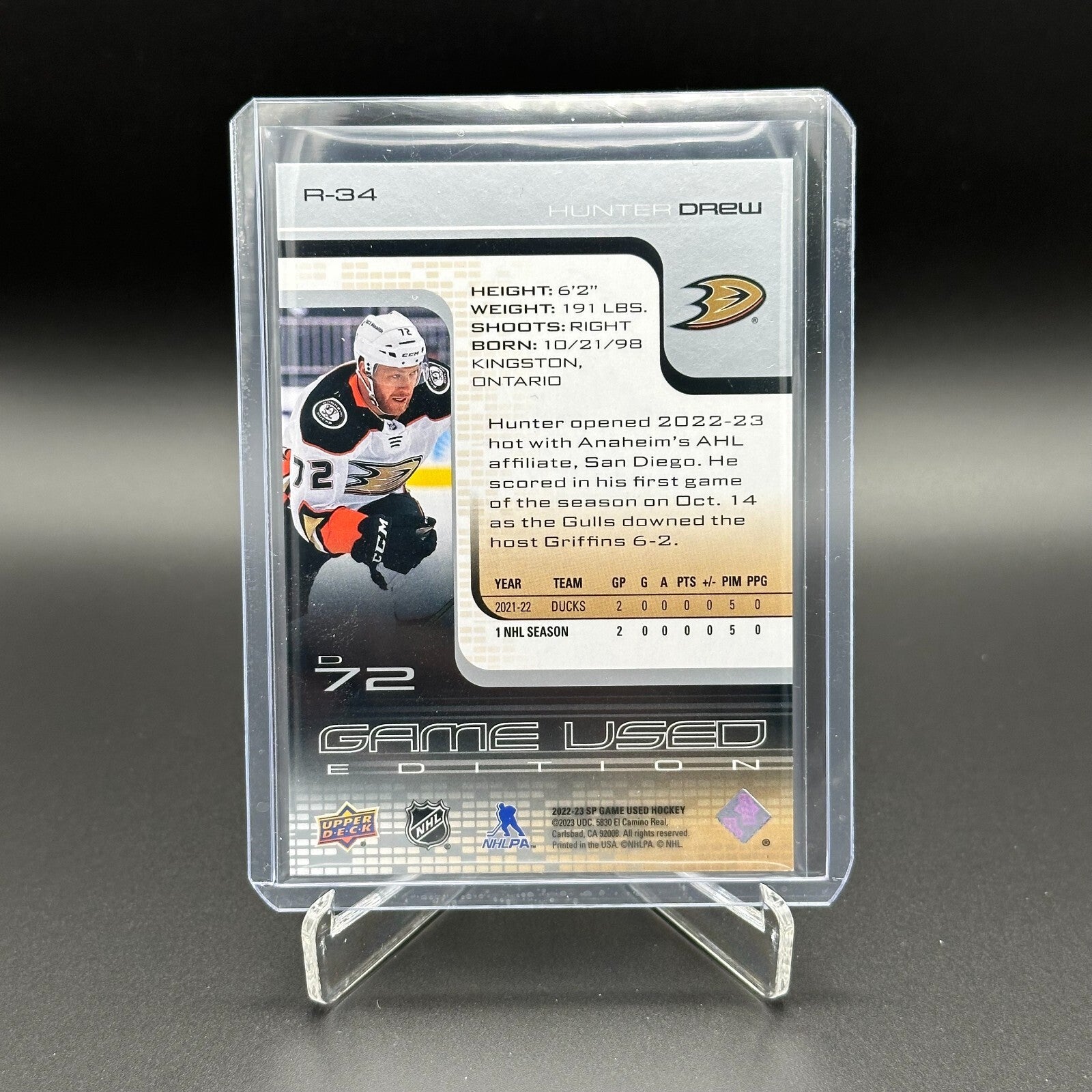 2022-23 UD SP Game Used HUNTER DREW #R-34 Retro 58/999 - Anaheim Ducks