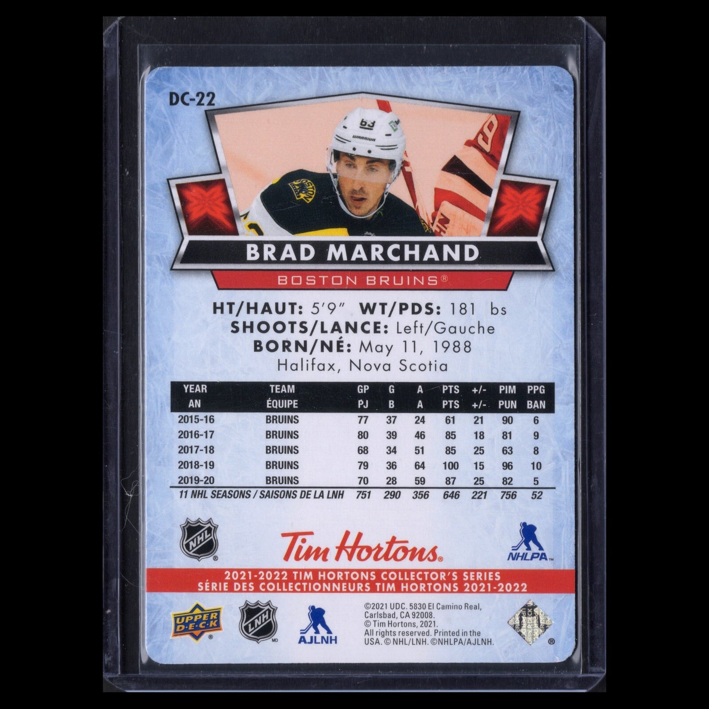 2021-22 UD Tim Hortons BRAD MARCHAND #DC-22 Red Die-Cut - Boston Bruins