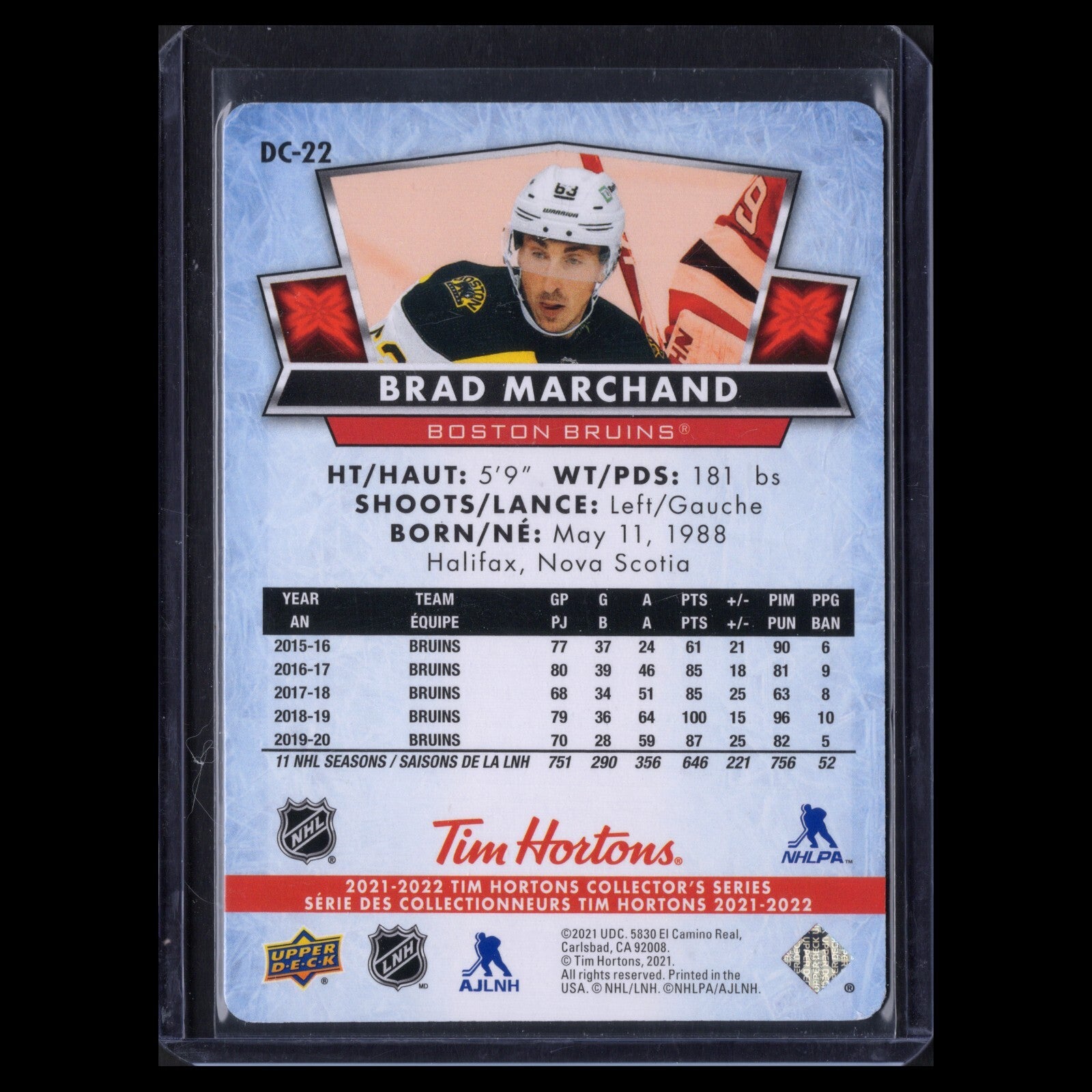 2021-22 UD Tim Hortons BRAD MARCHAND #DC-22 Red Die-Cut - Boston Bruins