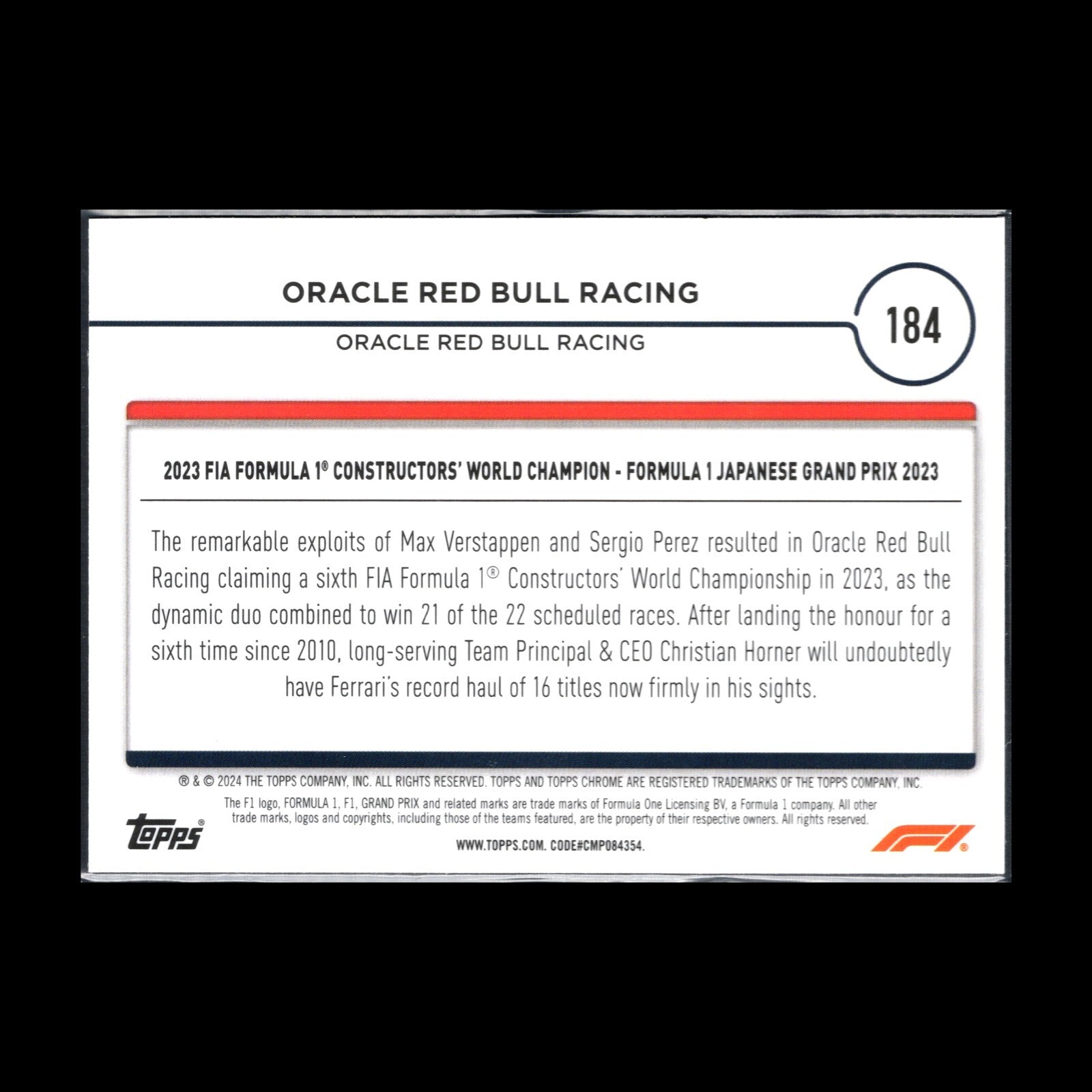 2024 Topps Chrome Formula 1 ORACLE RED BULL RACING #184 Award Winners
