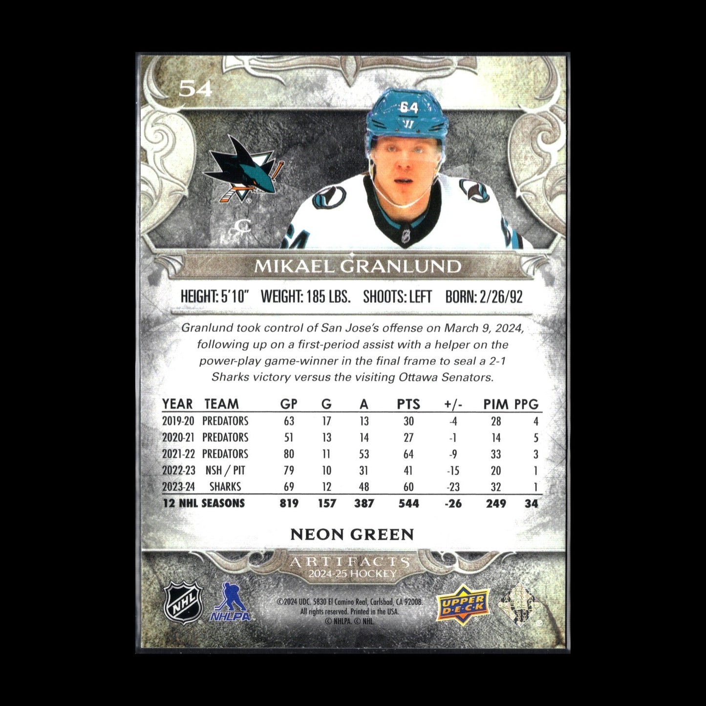 2024-25 UD Artifacts MIKAEL GRANLUND #54 Neon Green - San Jose Sharks
