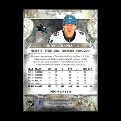 2024-25 UD Artifacts MIKAEL GRANLUND #54 Neon Green - San Jose Sharks