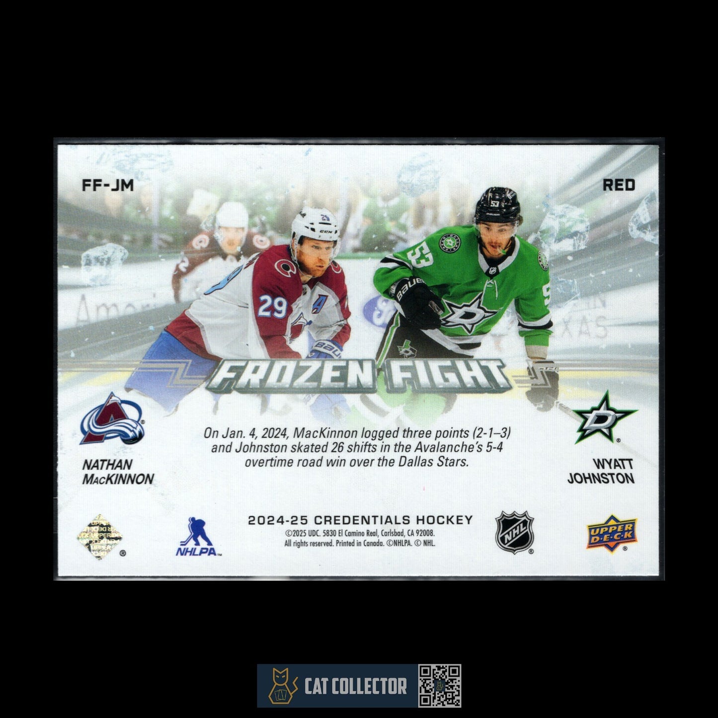 2024-25 UD Credentials N. MACKINNON / W. JOHNSTON #FF-JM Frozen Fight Red /199