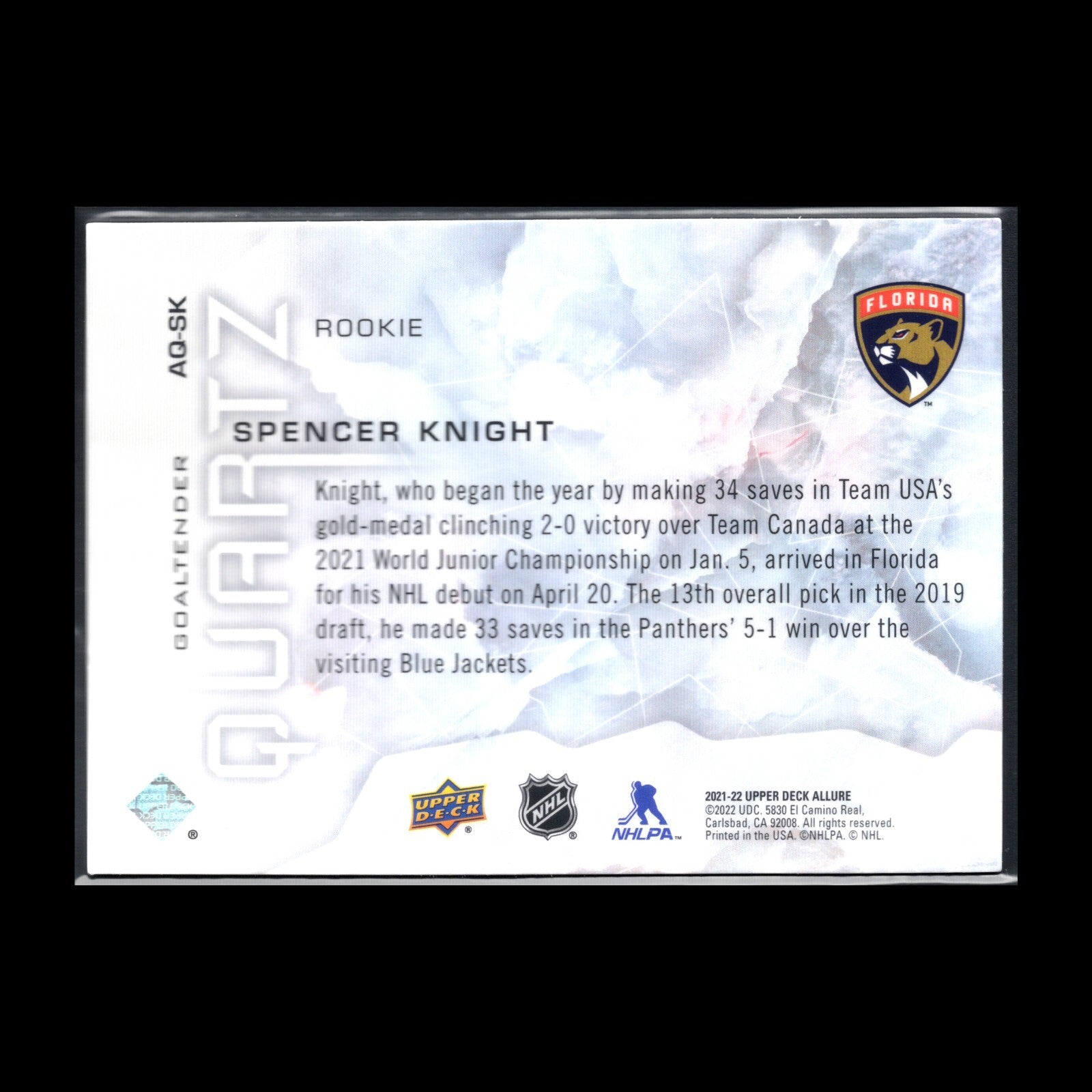 2021-22 UD Allure SPENCER KNIGHT #AQ-SK Quartz Rookie RC - Florida Panthers