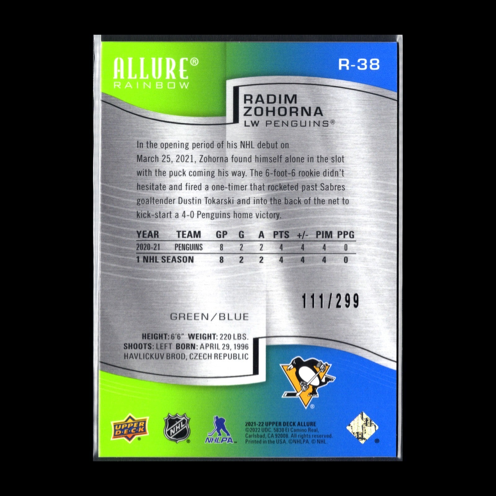 2021-22 UD Allure RADIM ZOHORNA #R-38 Rainbow Green/Blue Spectrum /299