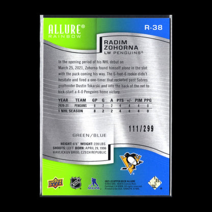 2021-22 UD Allure RADIM ZOHORNA #R-38 Rainbow Green/Blue Spectrum /299