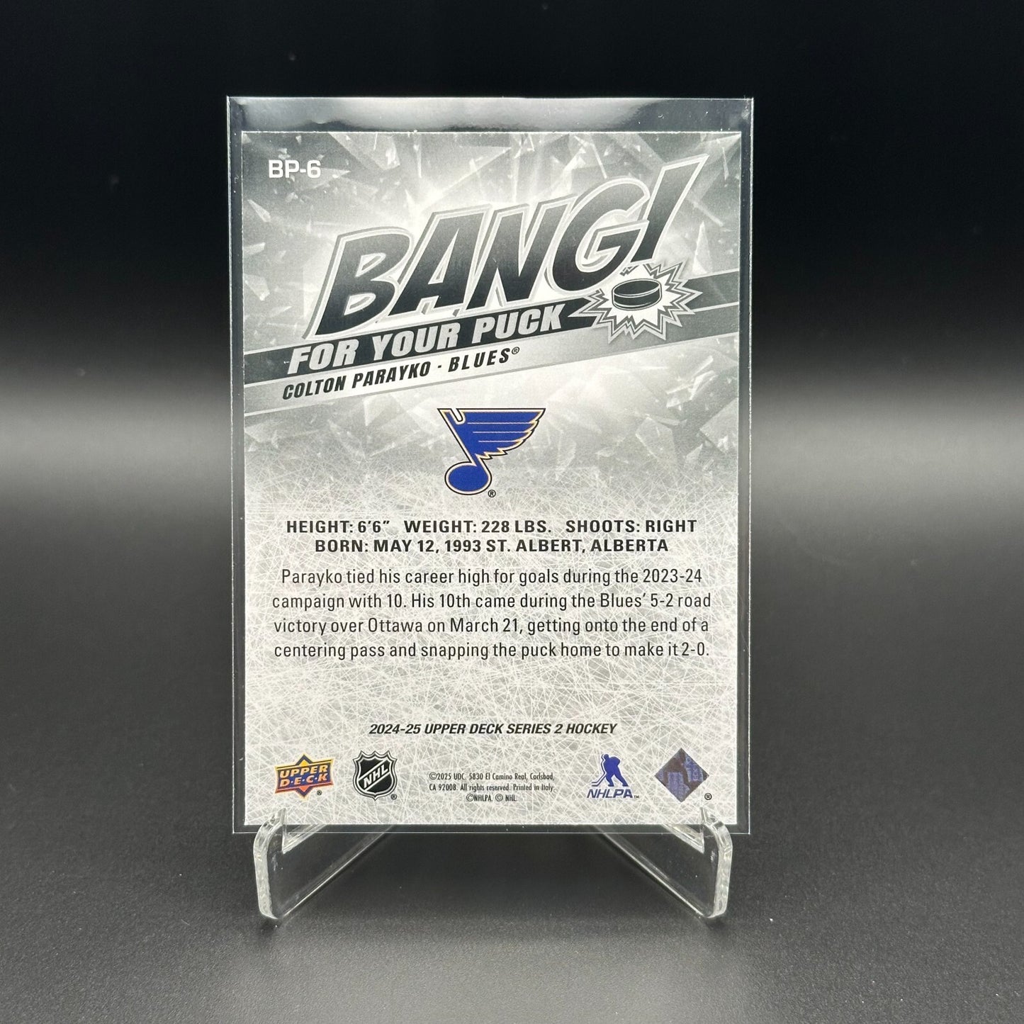 2024-25 UD Series 2 COLTON PARAYKO #BP-6 Bang for your puck - St. Louis Blues