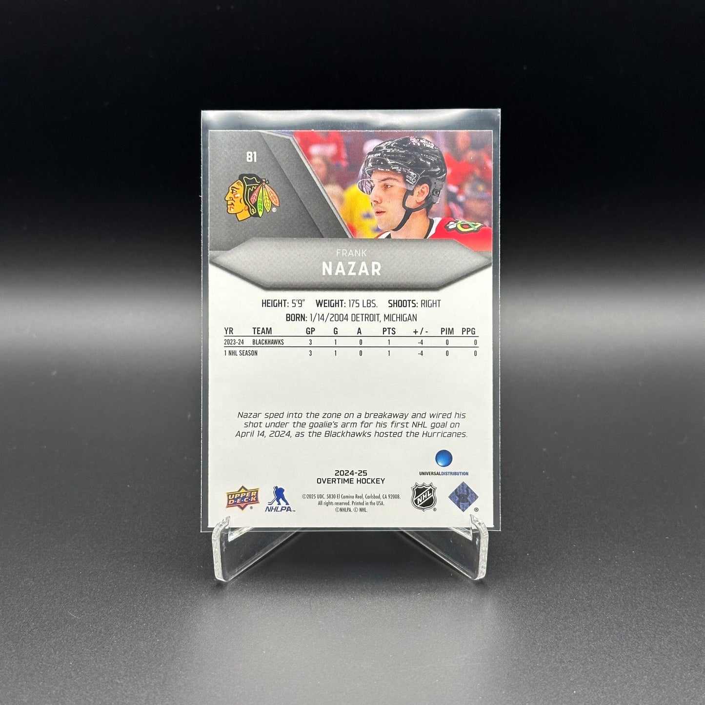 2024-25 UD Overtime FRANK NAZAR #81 Rookie RC - Chicago Blackhawks