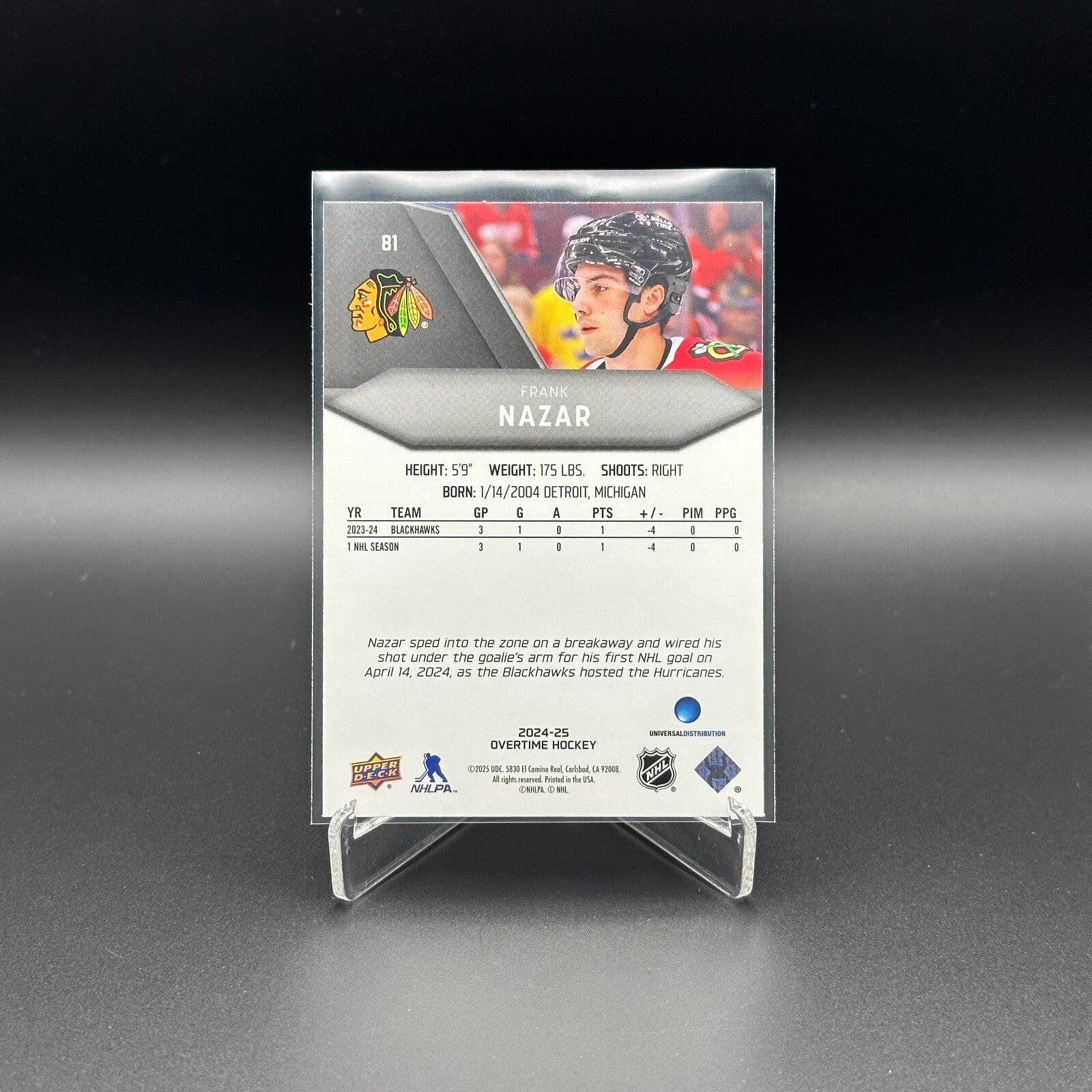 2024-25 UD Overtime FRANK NAZAR #81 Rookie RC - Chicago Blackhawks