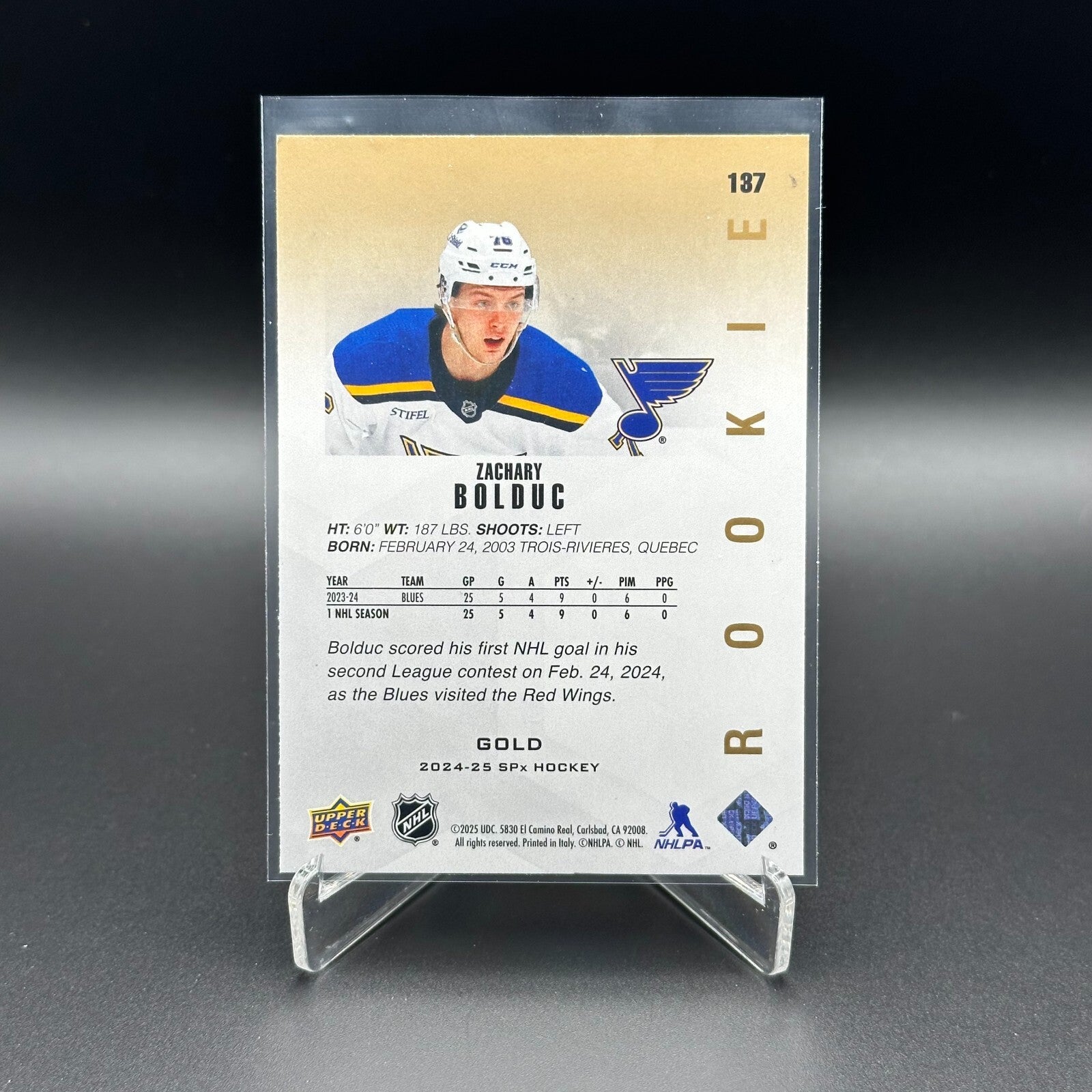 2024-25 Upper Deck SPx ZACHARY BOLDUC #137 Gold Rookie RC - St. Louis Blues