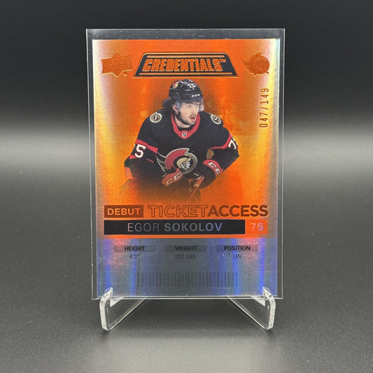 2021-22 UD Credentials EGOR SOKOLOV #104 Debut Ticket Access Orange RC /149