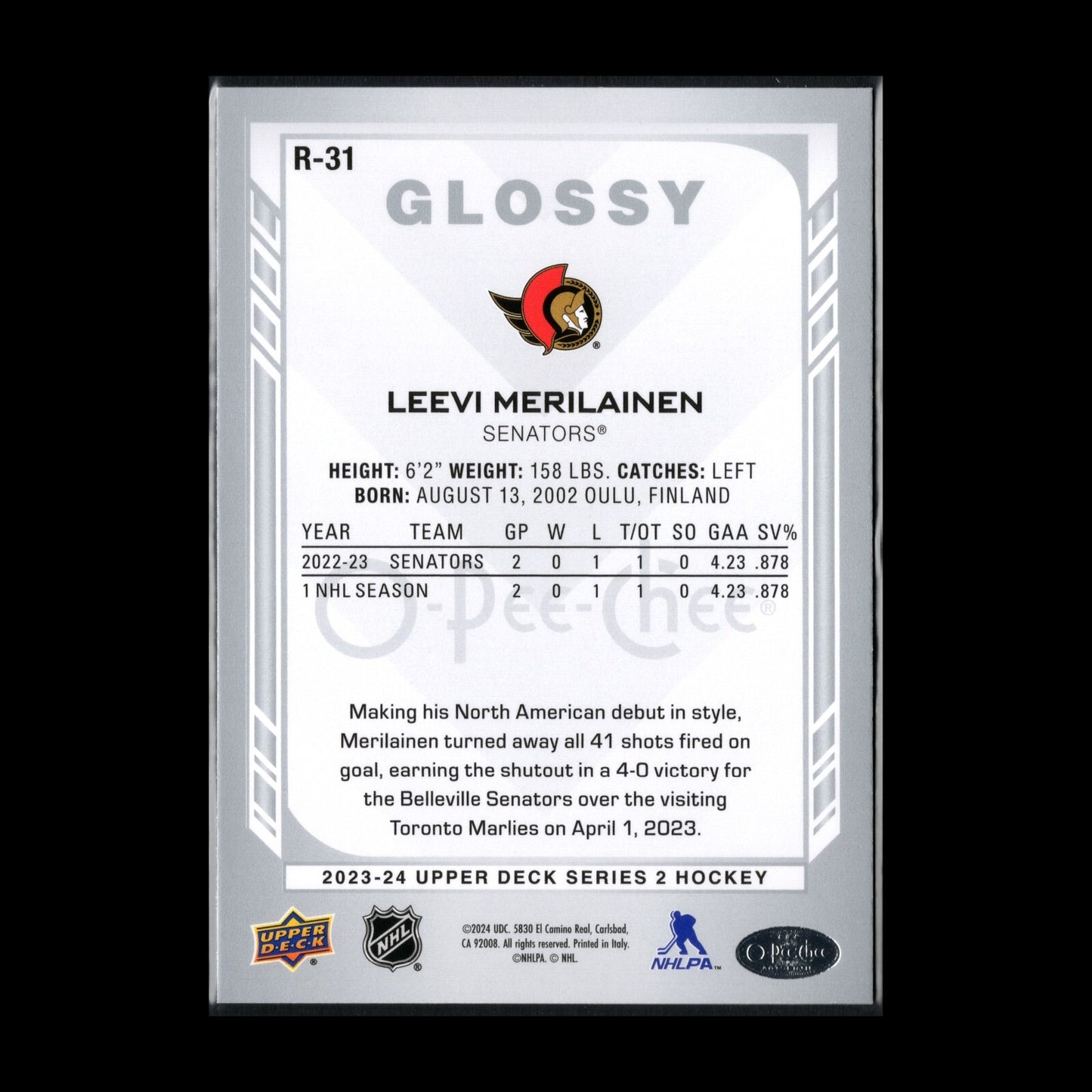 2023-24 UD Series 2 LEEVI MERILAINEN #R-31 O-Pee-Chee Glossy - Ottawa Senators