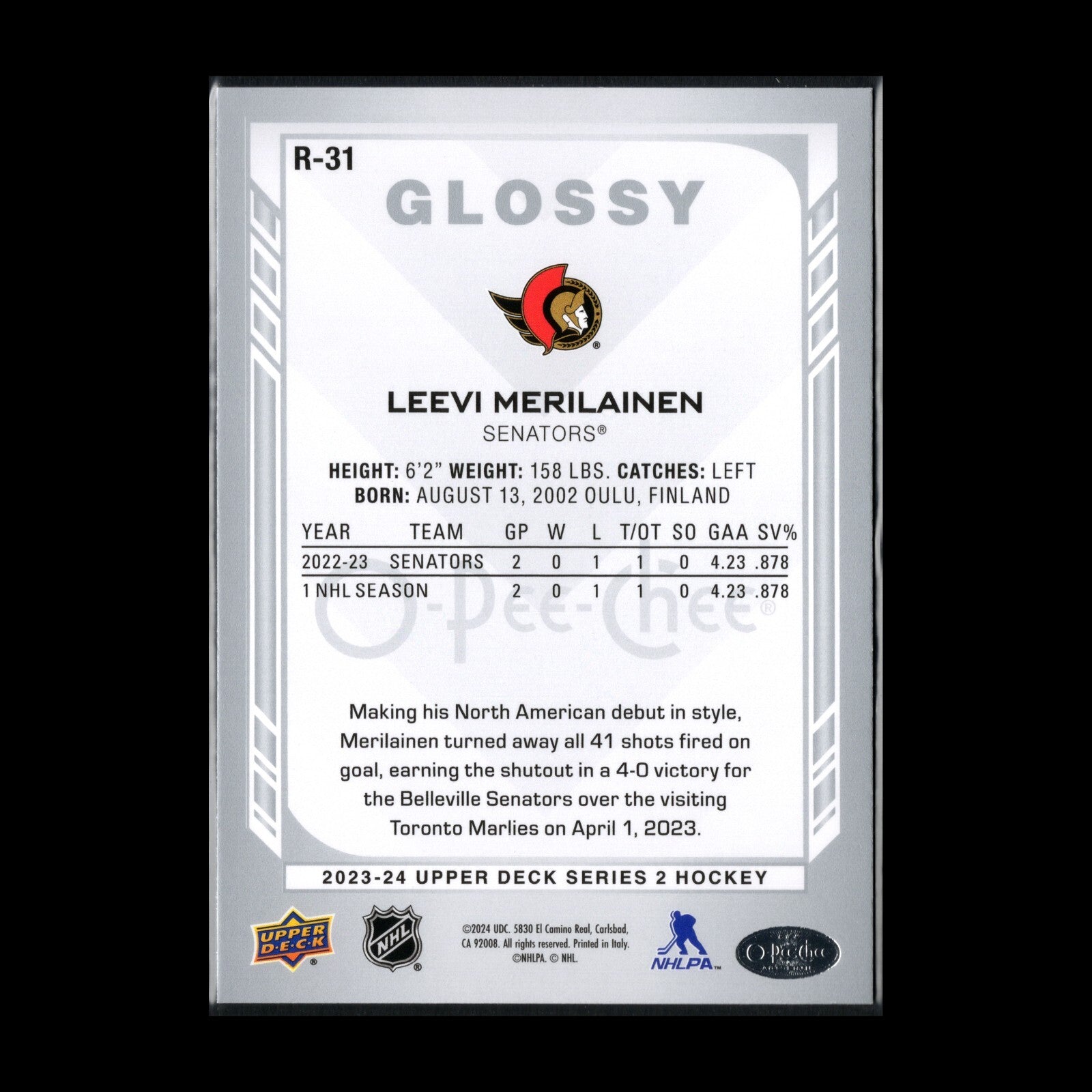 2023-24 UD Series 2 LEEVI MERILAINEN #R-31 O-Pee-Chee Glossy - Ottawa Senators