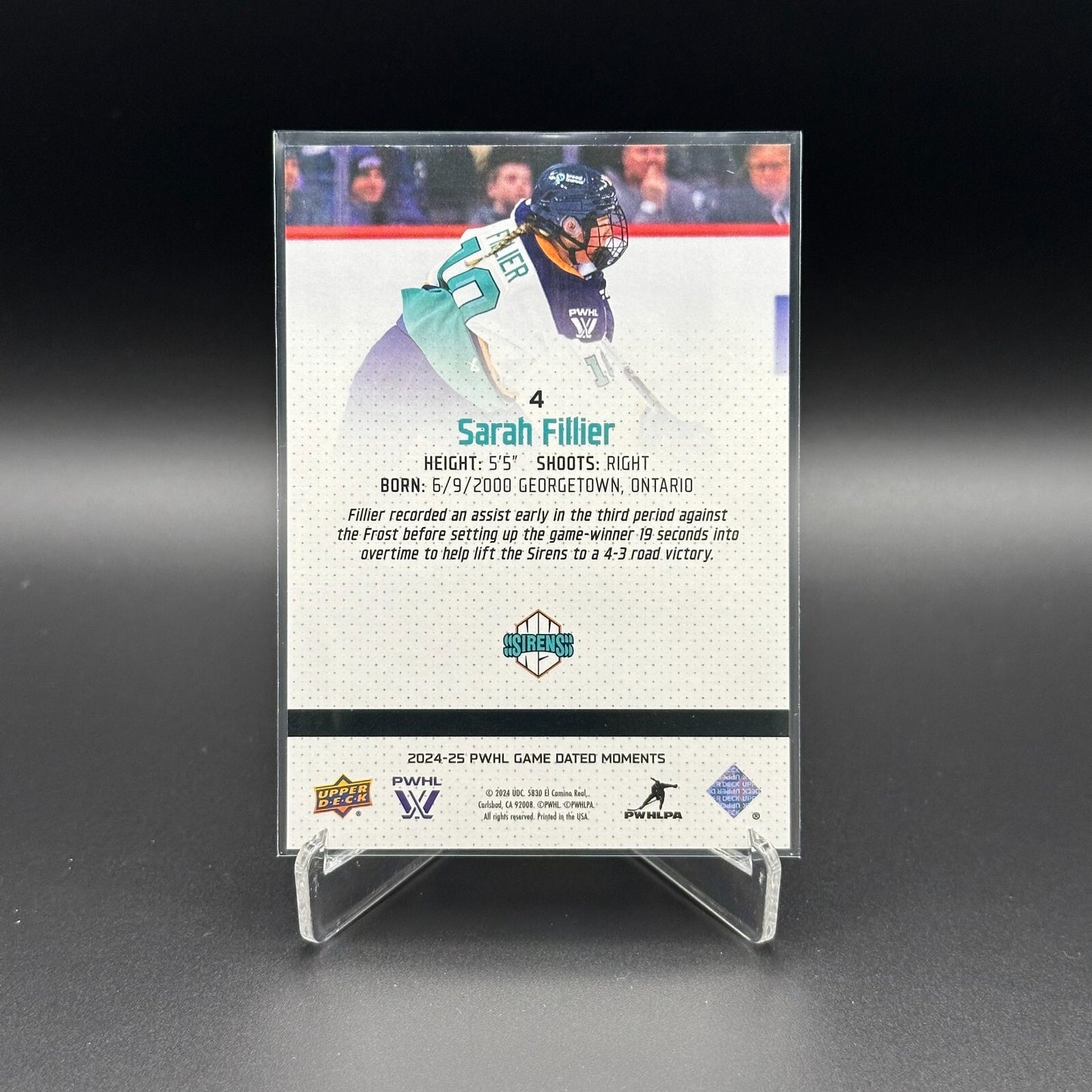 2024-25 UD PWHL Game Dated Moments SARAH FILLIER #4 Rookie RC - ONLINE EXCUSIVE!